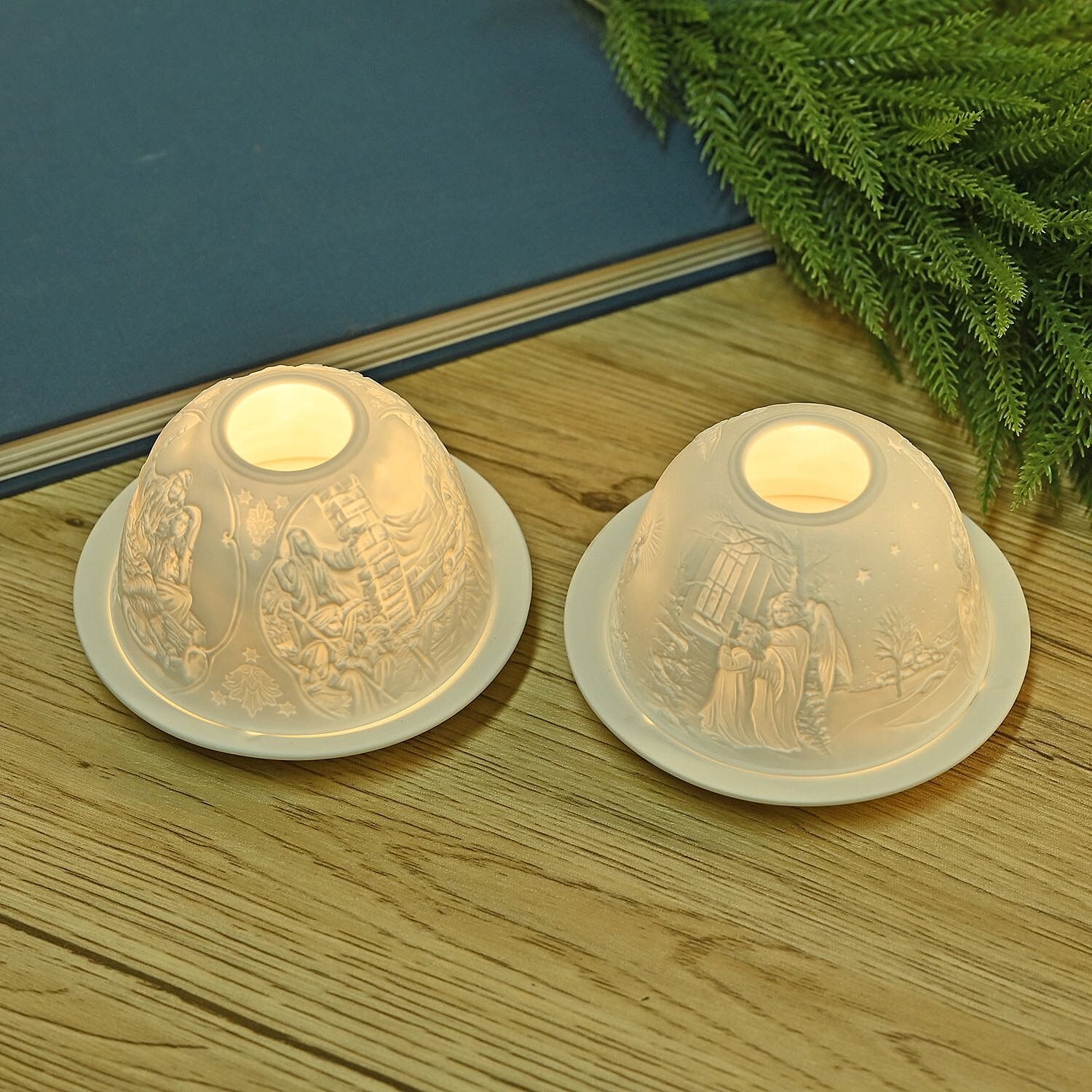 Set of 2 Madonna and Angel Printed Porcelain LED Tealight Candle Holder - White