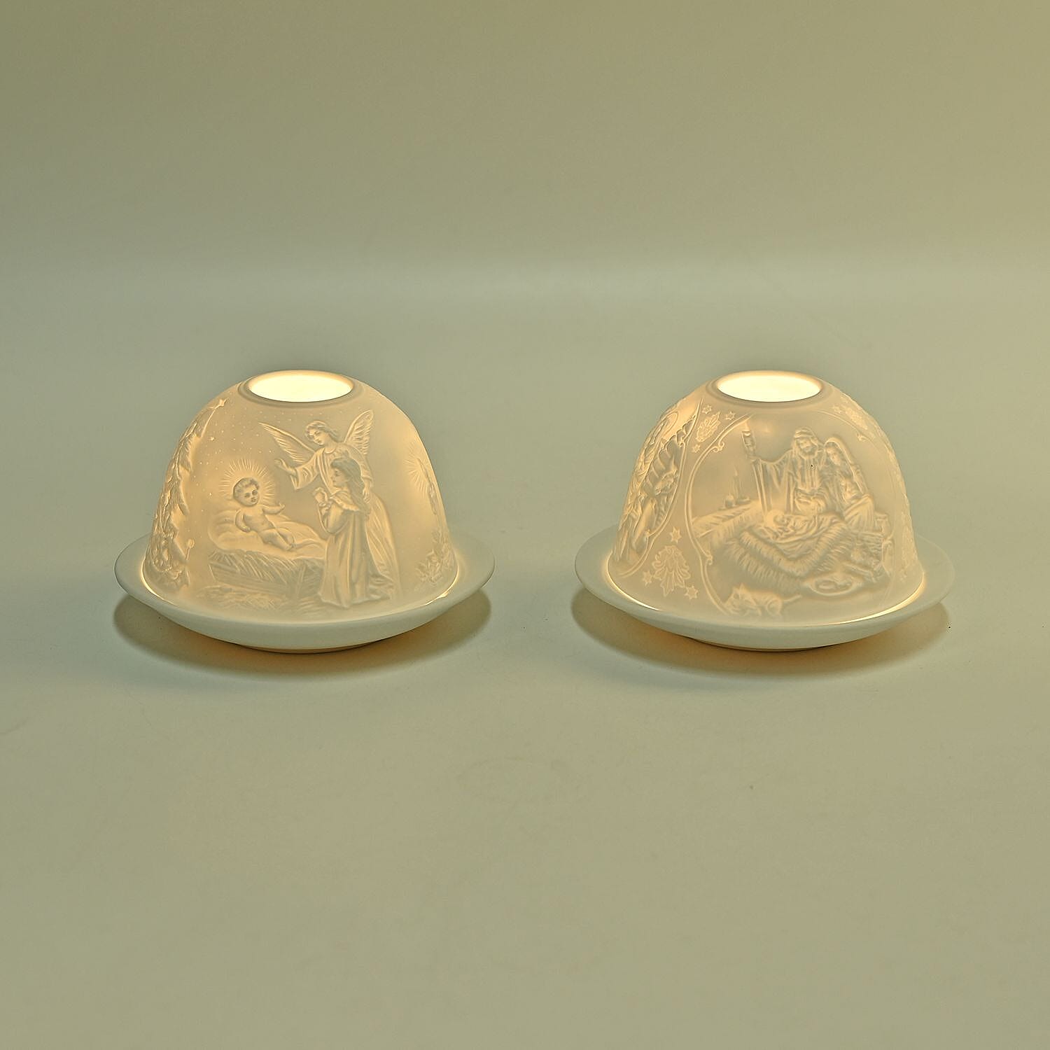 Set of 2 Madonna and Angel Printed Porcelain LED Tealight Candle Holder - White