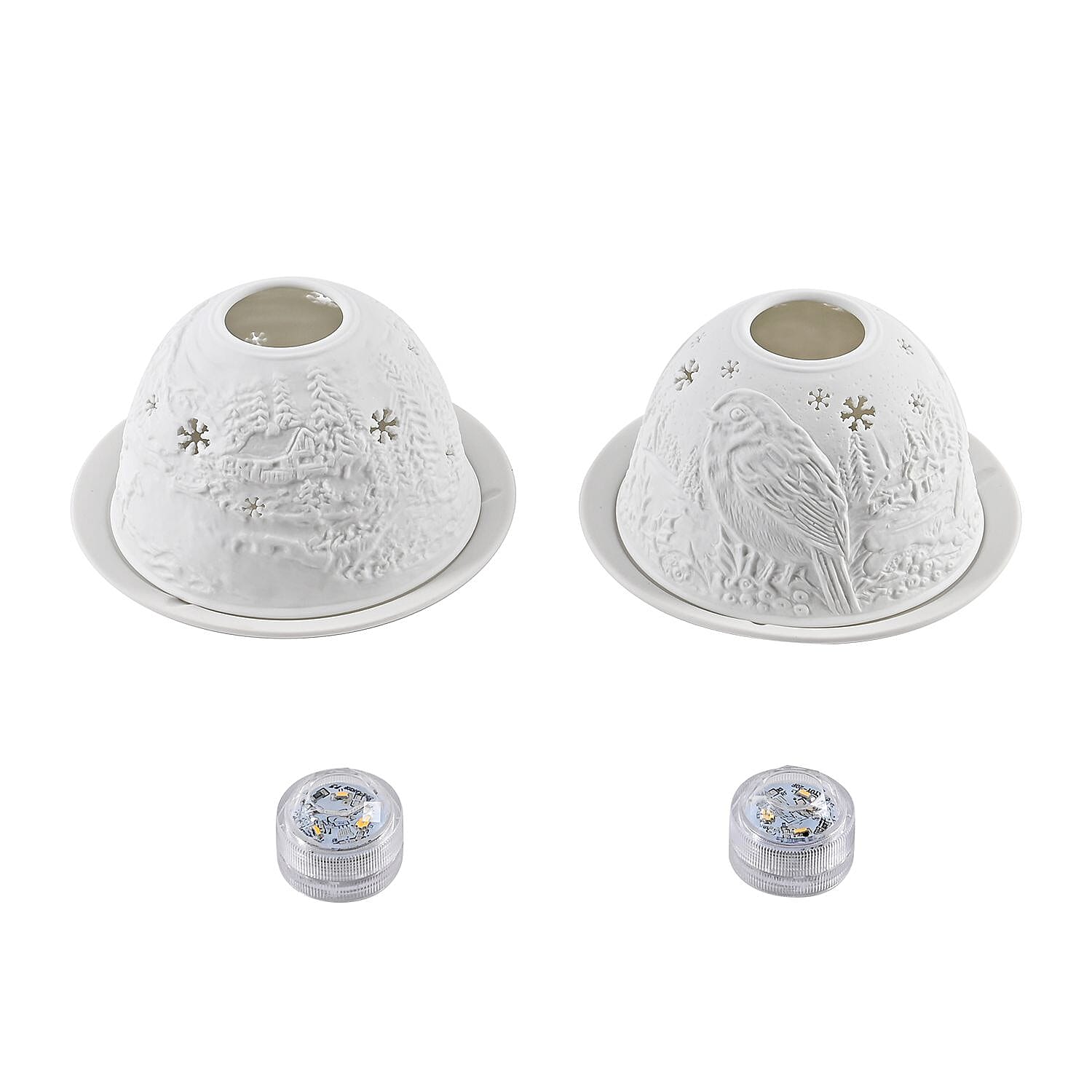 Set of 2 Bird & Deer Printed Porcelain LED Tealight Candle Holder - White