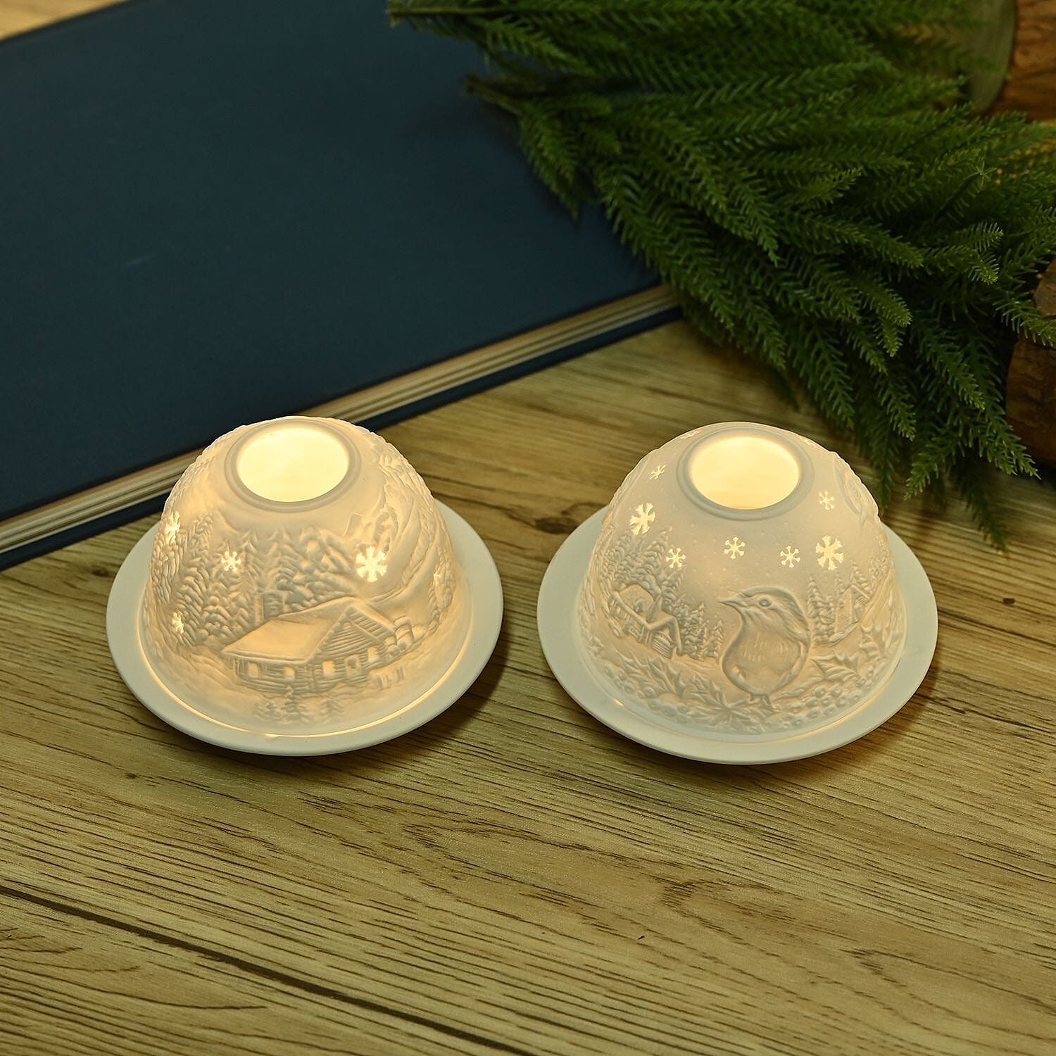 Set of 2 Bird & Deer Printed Porcelain LED Tealight Candle Holder - White