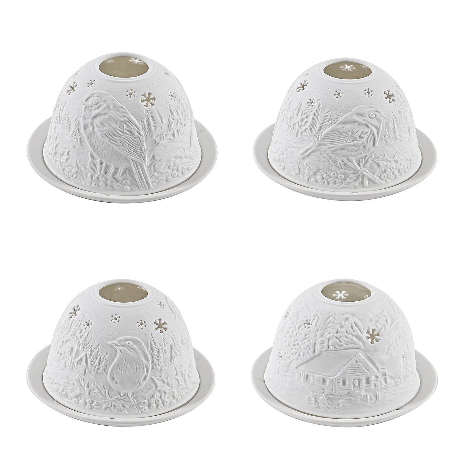 Set of 2 Bird & Deer Printed Porcelain LED Tealight Candle Holder - White