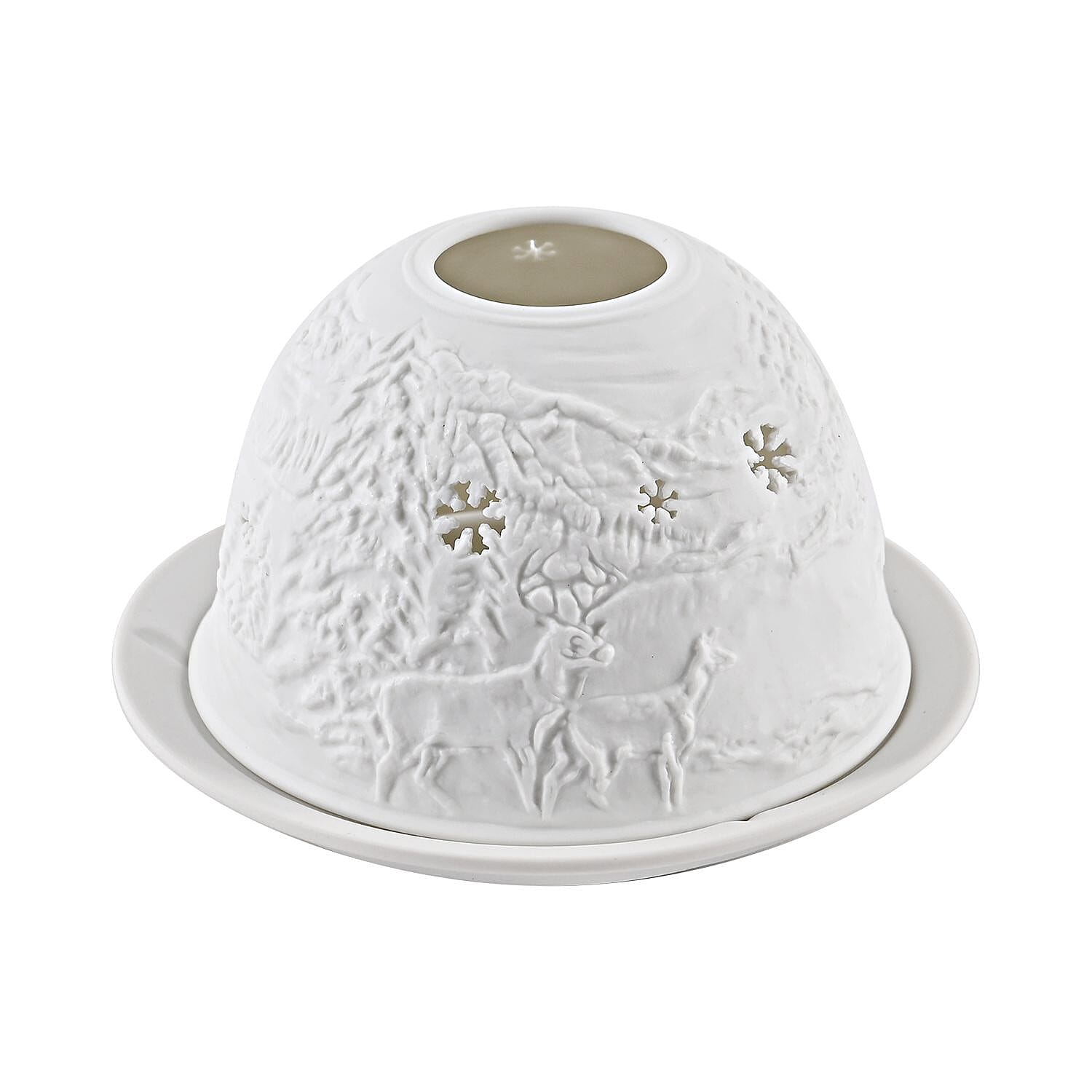 Set of 2 Bird & Deer Printed Porcelain LED Tealight Candle Holder - White