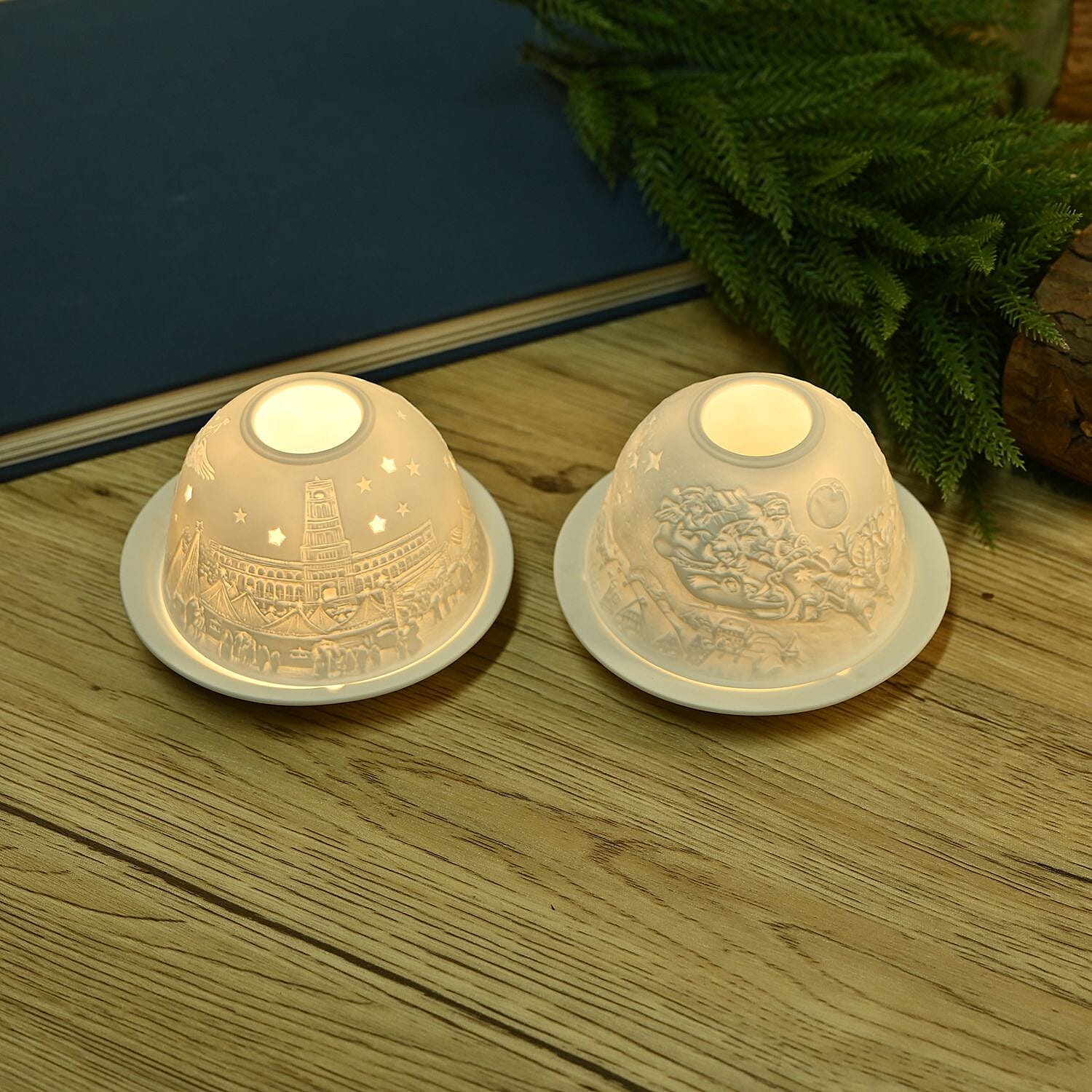 Set of 2 Santa with Deer and House Printed Porcelain LED Tealight Candle Holder - White