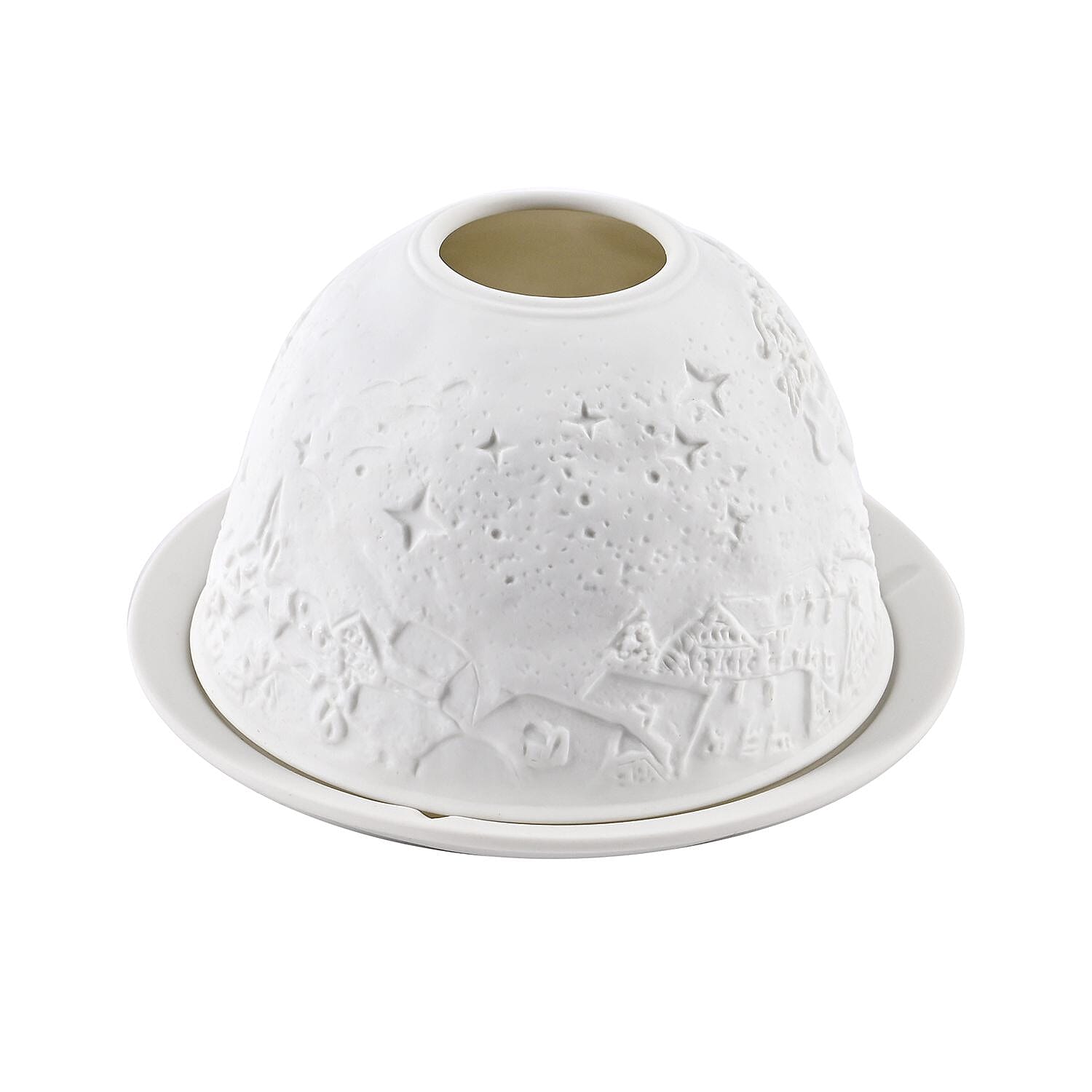 Set of 2 Santa with Deer and House Printed Porcelain LED Tealight Candle Holder - White