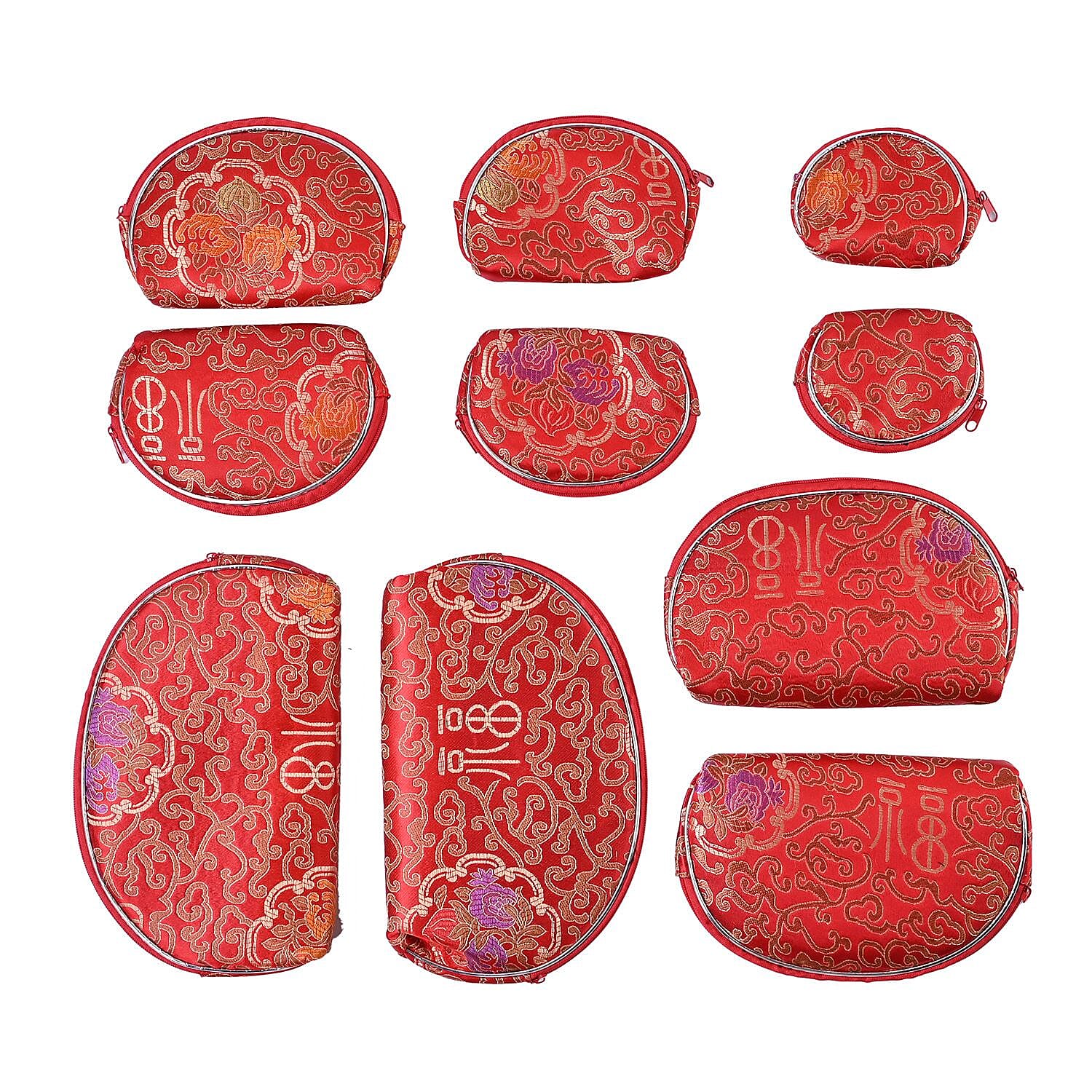 Set of 10 Multi-Purpose Embroidered Jewellery Box With Zipper - Red