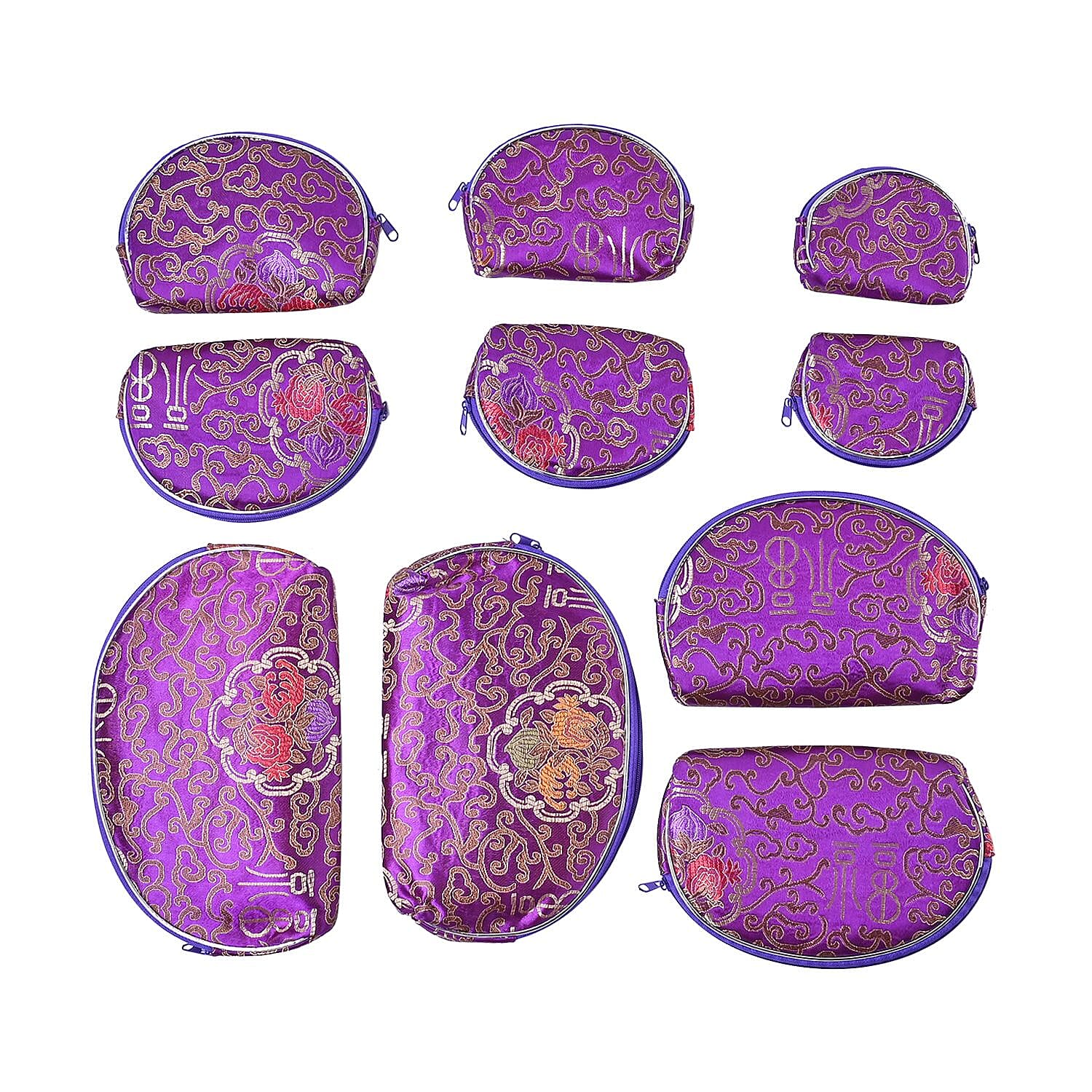 Set of 10 Multi-Purpose Embroidered Purses With Zipper - Purple