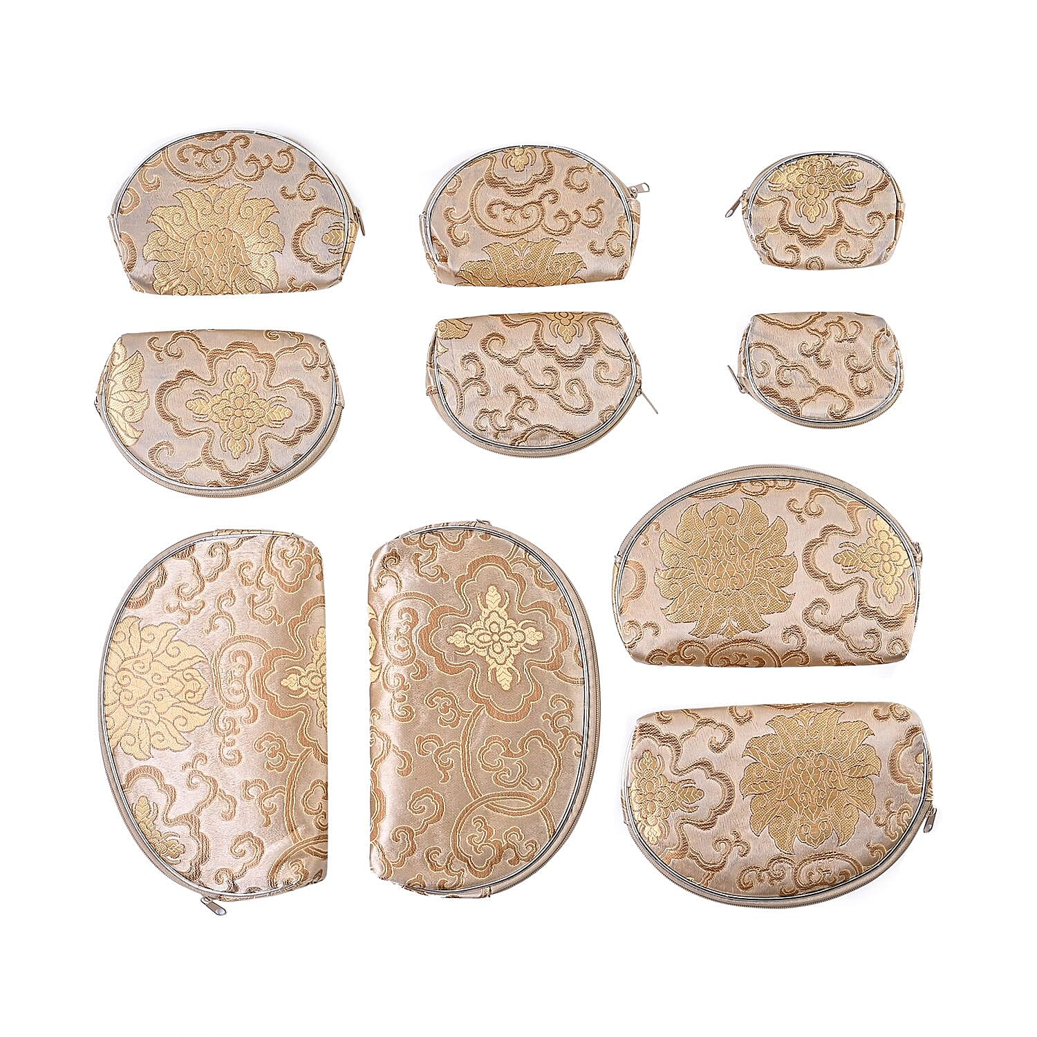 Set of 10 Multi-Purpose Embroidered Jewellery Bags With Zipper - Cream