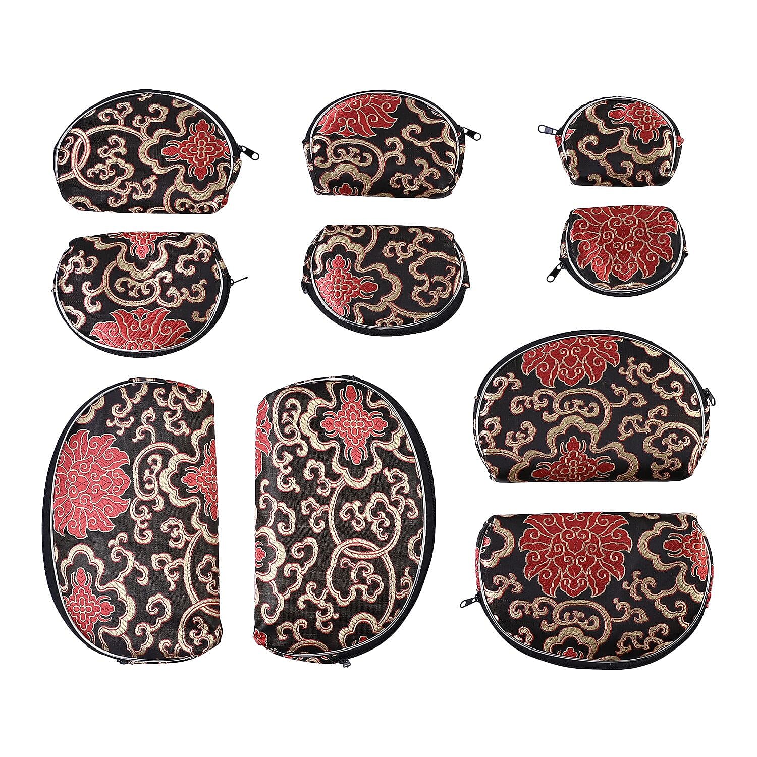 Set of 10 Multi-Purpose Embroidered Jewellery Bags With Zipper - Red & Black