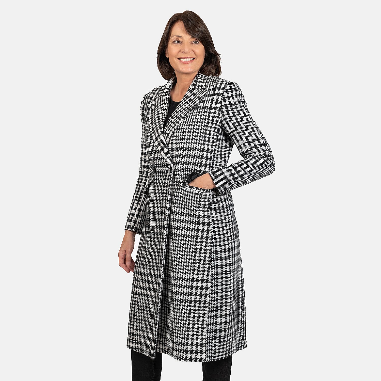 Houndstooth Pattern Longline Coat (Size 8 to 10, Length - 113cm) 20% Wool Blend - Black & White