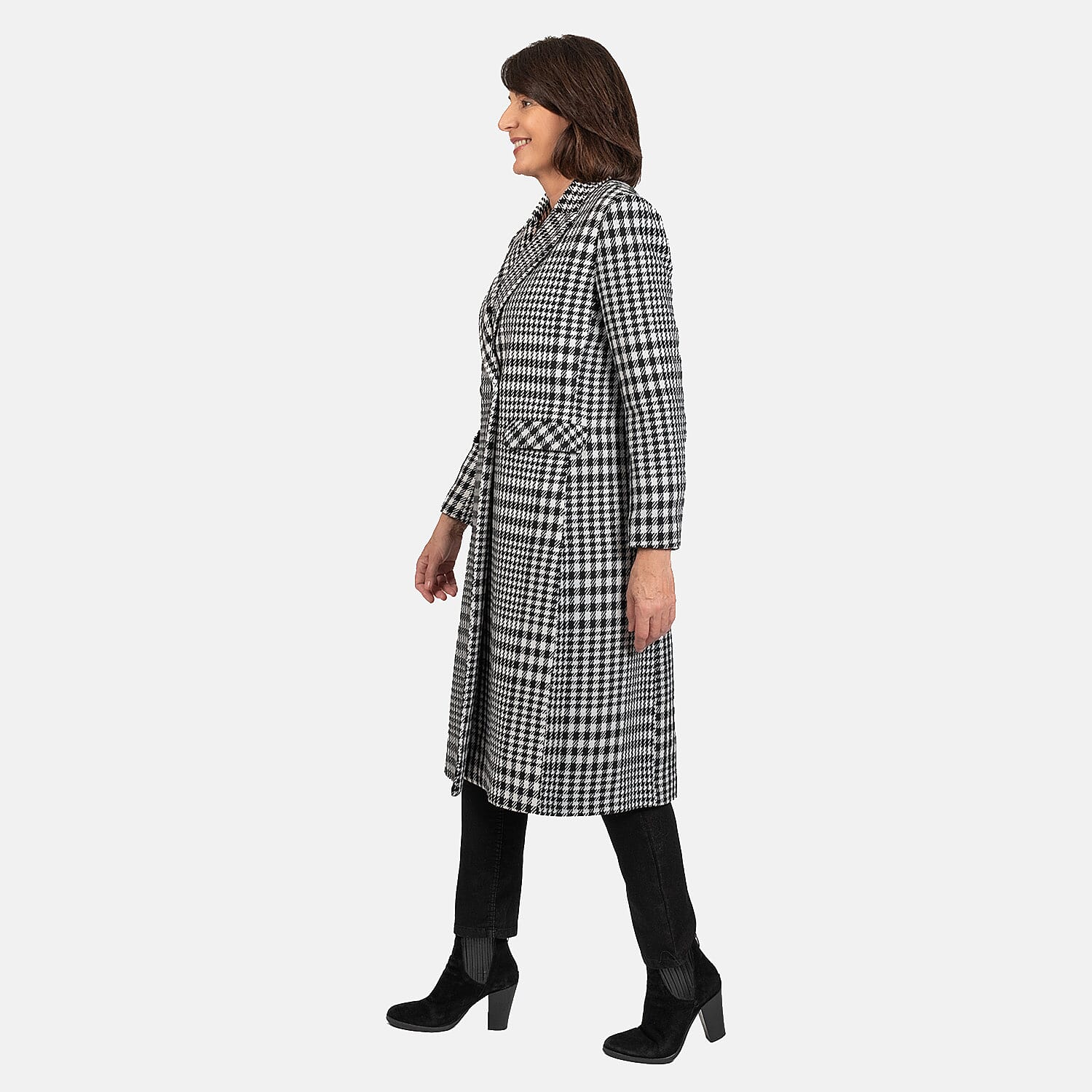 Houndstooth Pattern Longline Coat (Size 8 to 10, Length - 113cm) 20% Wool Blend - Black & White