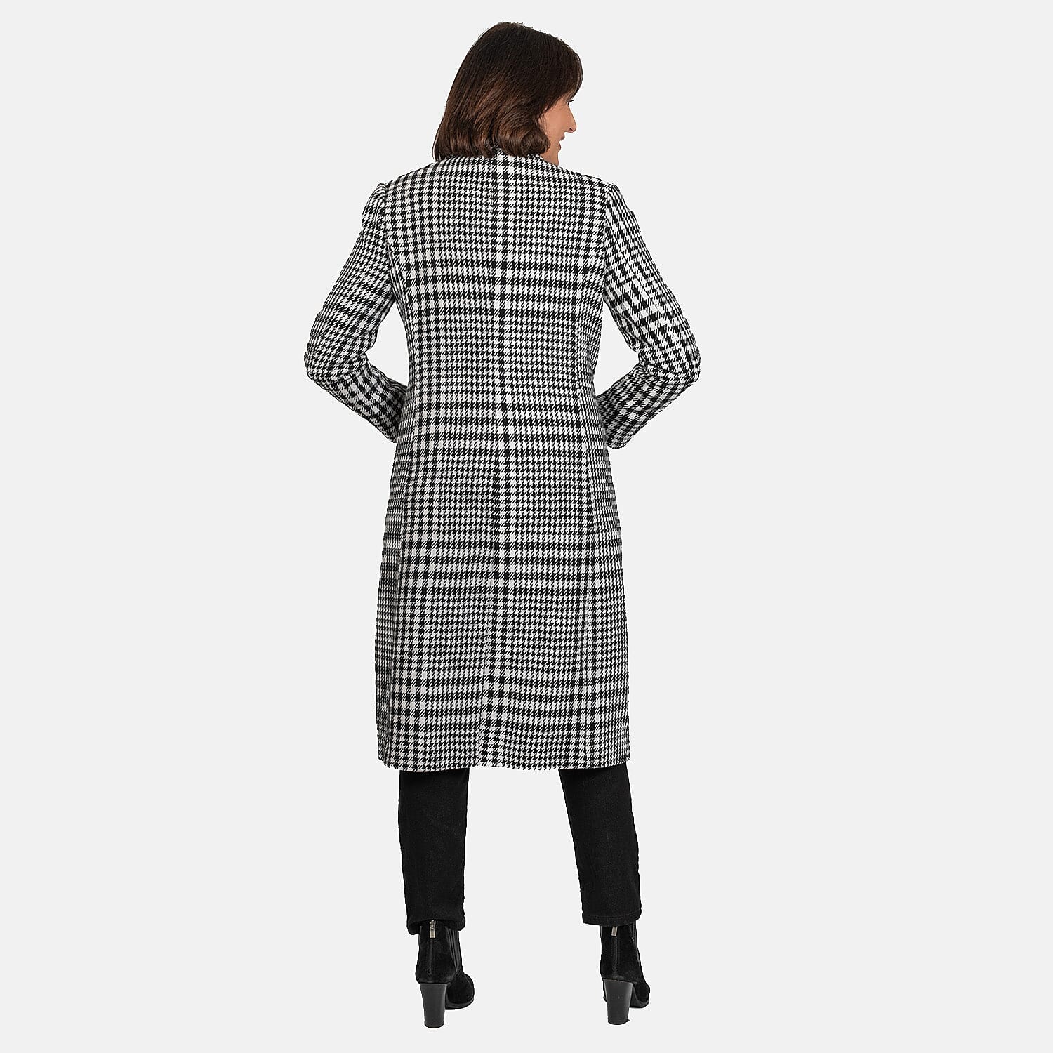 Houndstooth Pattern Longline Coat (Size 8 to 10, Length - 113cm) 20% Wool Blend - Black & White