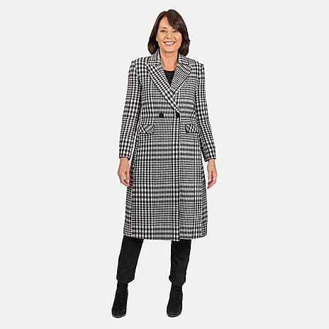 Houndstooth Pattern Longline Coat (Size 14, Length 114.3cm) 20% Wool Blend - Black & White
