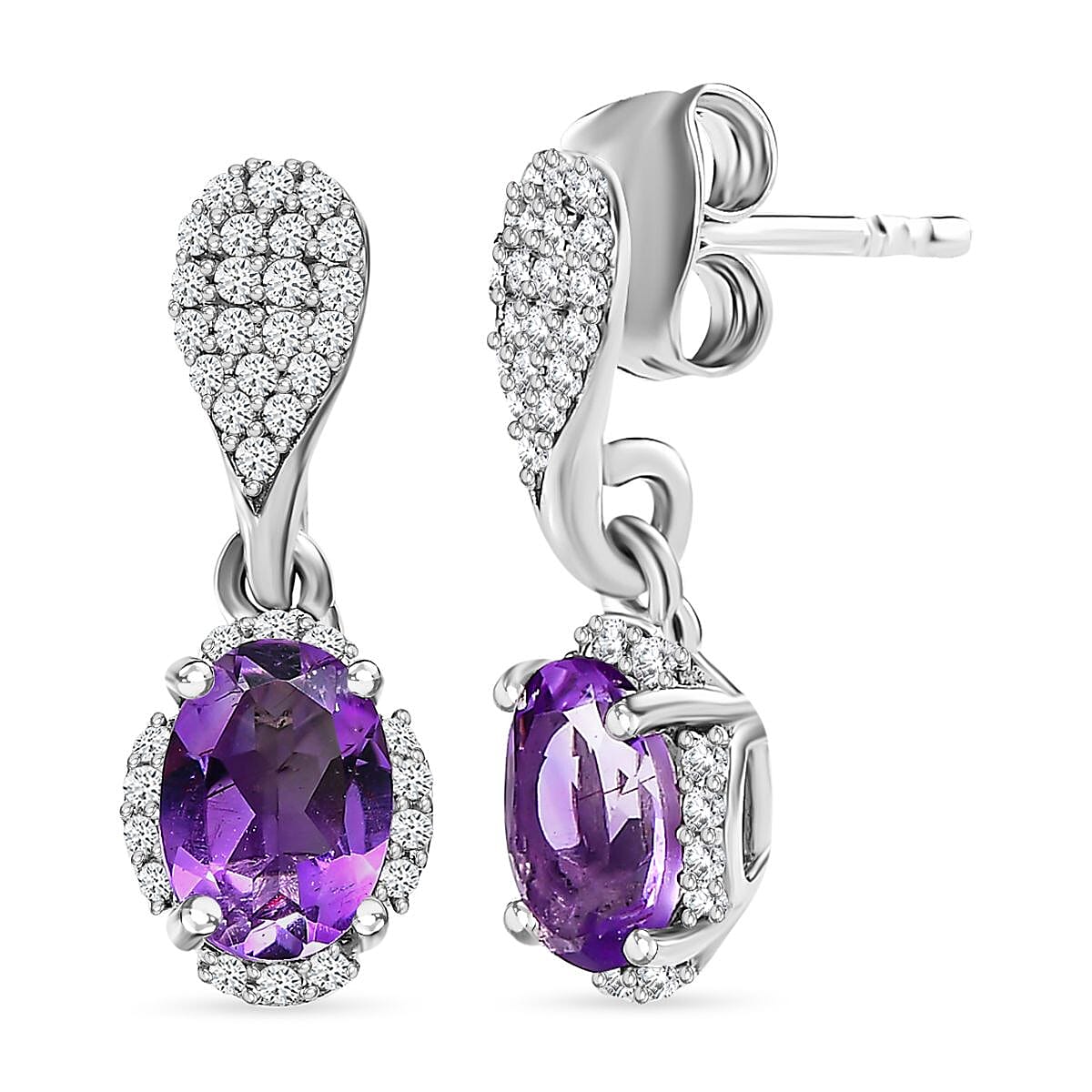 Moroccan Amethyst and Natural Zircon Dangle Earrings in Platinum Overlay Sterling Silver 1.78 Ct