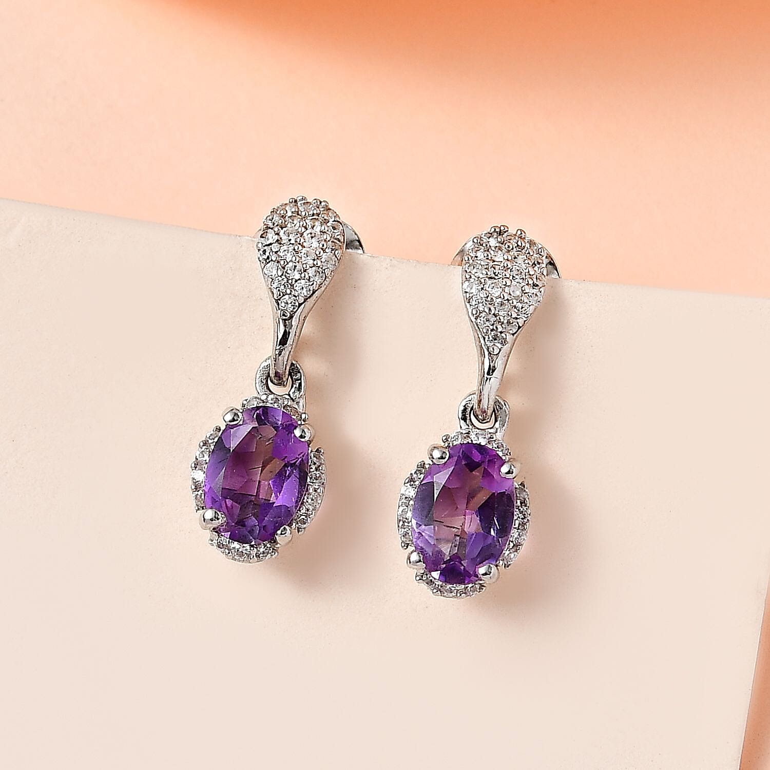Moroccan Amethyst and Natural Zircon Dangle Earrings in Platinum Overlay Sterling Silver 1.78 Ct