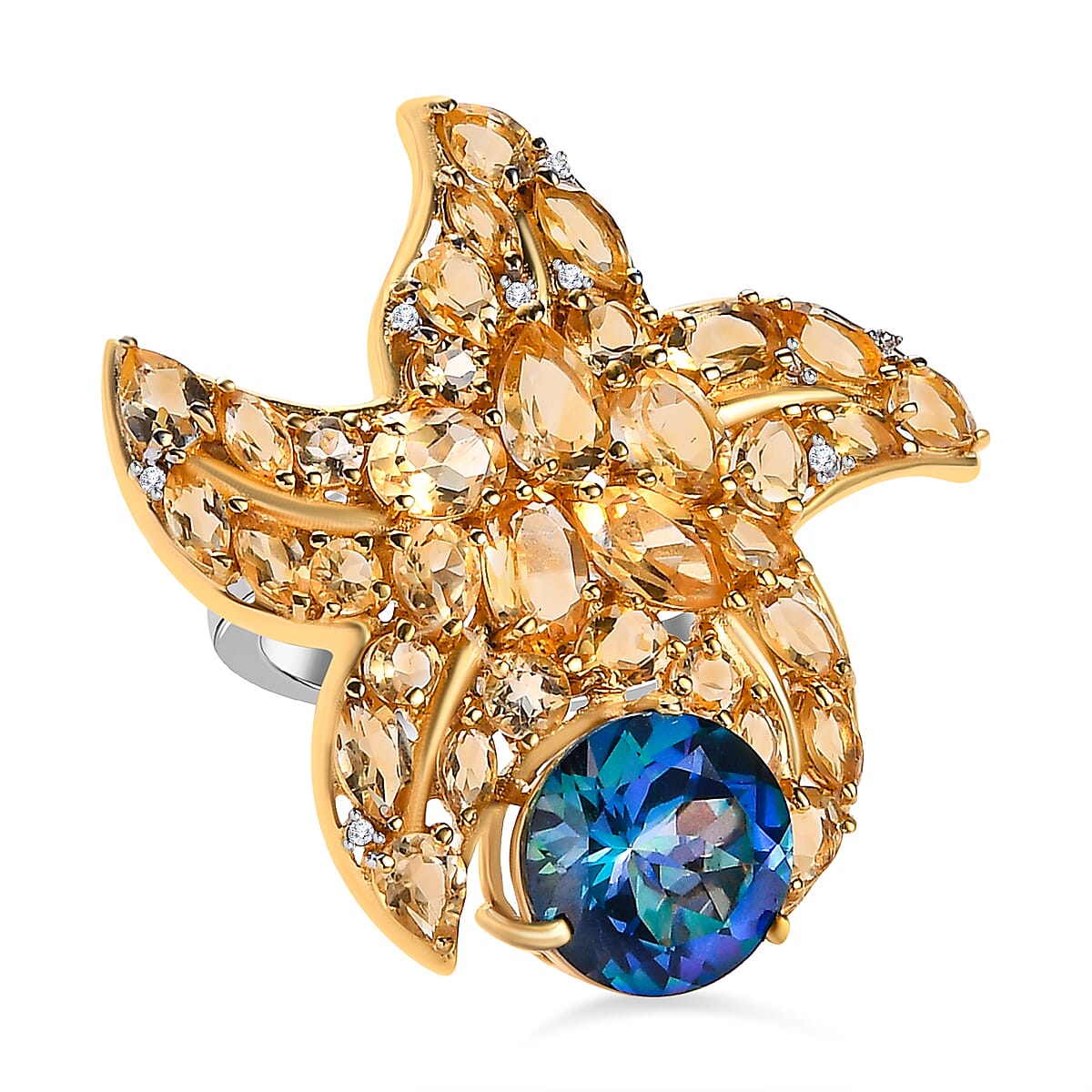 GP- Sea life Collection - Starfish Mystic Quartz, Citrine and Natural Zircon Ring in 18K Yellow Gold Vermeil & Platinum Plated Sterling Silver 8.60 Ct