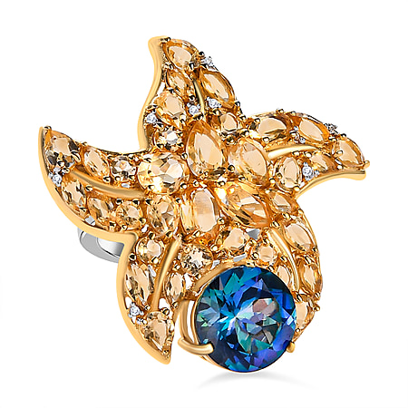 GP- Sea life Collection - Starfish Mystic Quartz, Citrine and Natural Zircon Ring in 18K Yellow Gold Vermeil & Platinum Plated Sterling Silver 8.60 Ct