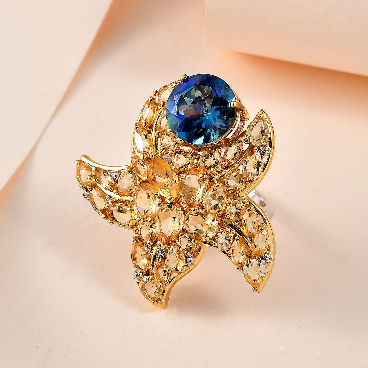 GP- Sea life Collection - Starfish Mystic Quartz, Citrine and Natural Zircon Ring in 18K Yellow Gold Vermeil & Platinum Plated Sterling Silver 8.60 Ct