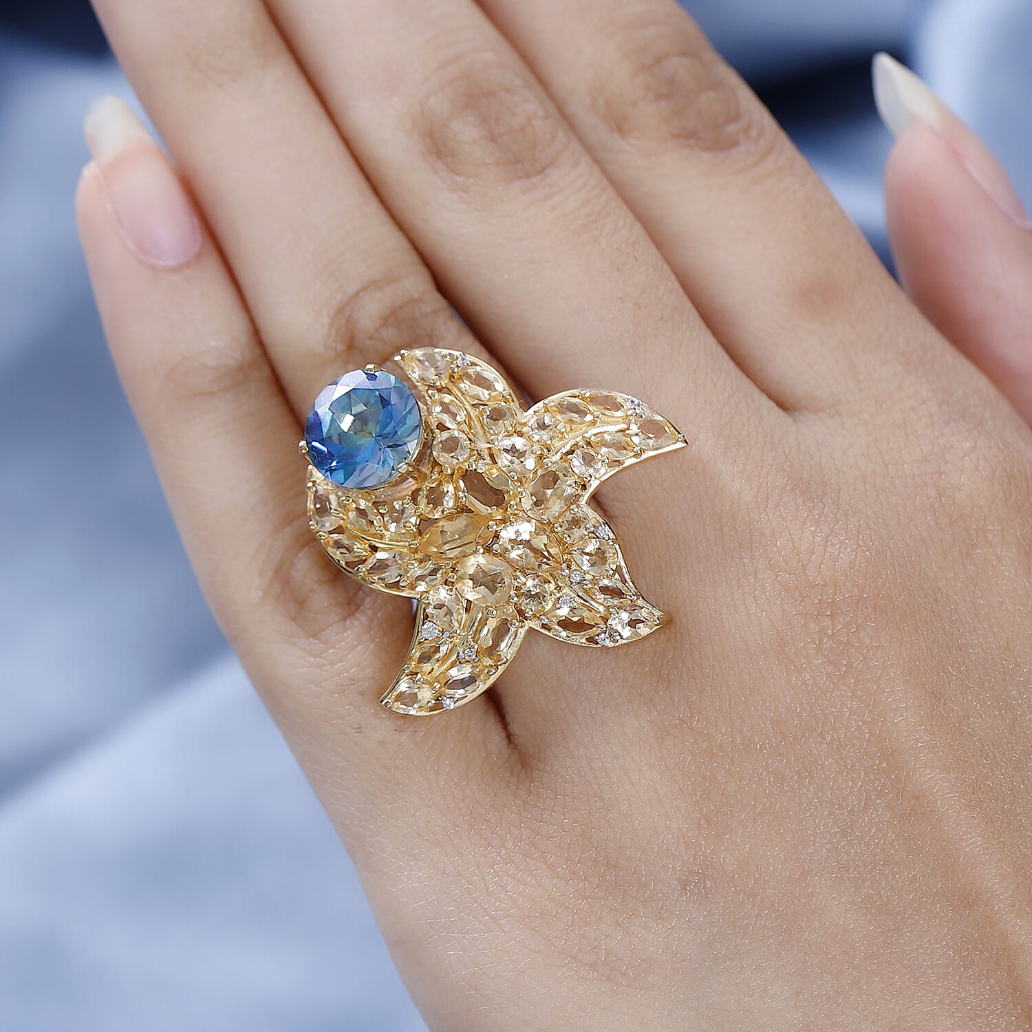 GP- Sea life Collection - Starfish Mystic Quartz, Citrine and Natural Zircon Ring in 18K Yellow Gold Vermeil & Platinum Plated Sterling Silver 8.60 Ct