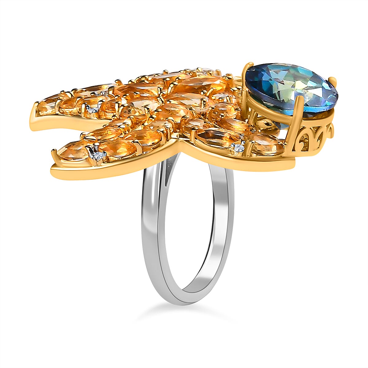 GP- Sea life Collection - Starfish Mystic Quartz, Citrine and Natural Zircon Ring in 18K Yellow Gold Vermeil & Platinum Plated Sterling Silver 8.60 Ct