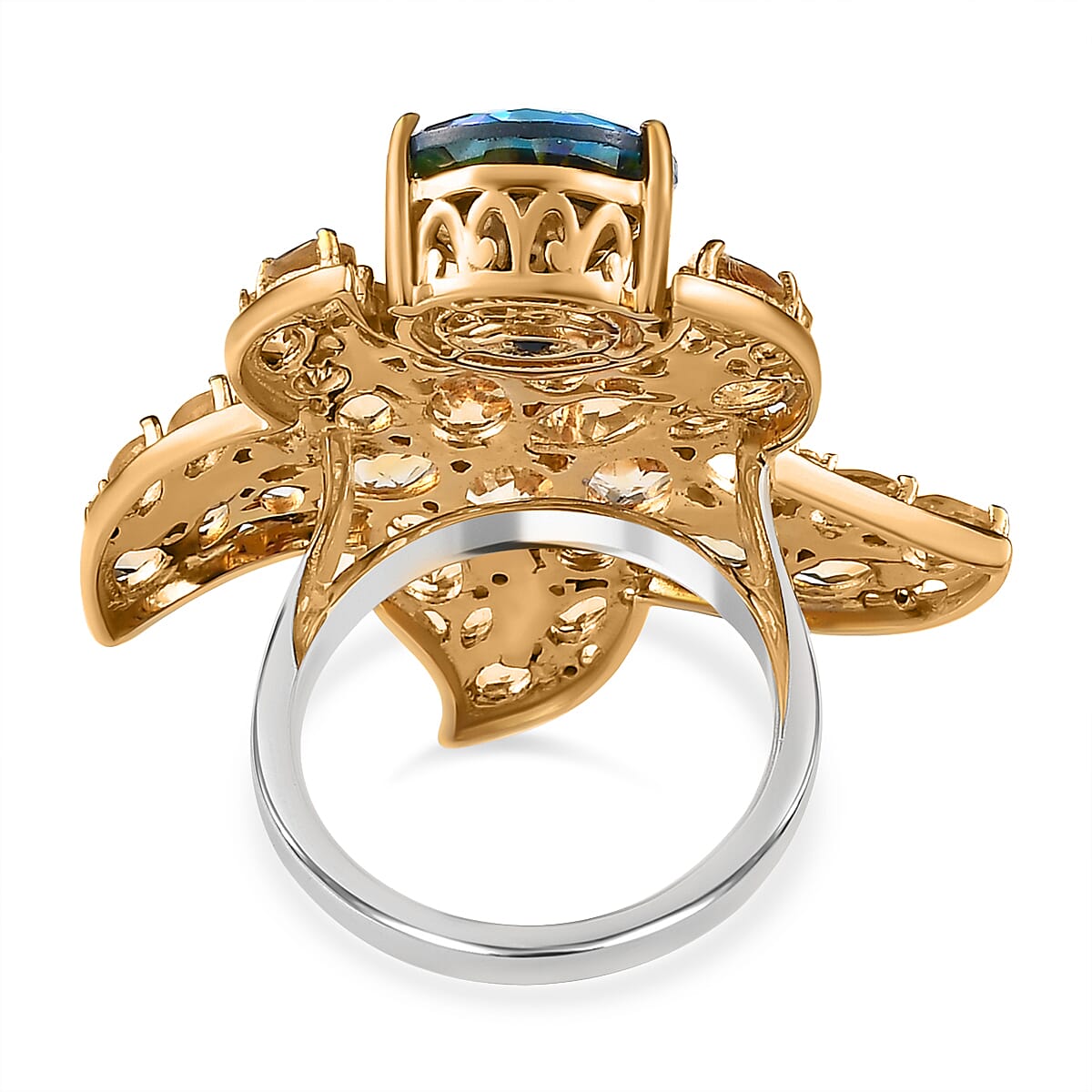 GP- Sea life Collection - Starfish Mystic Quartz, Citrine and Natural Zircon Ring in 18K Yellow Gold Vermeil & Platinum Plated Sterling Silver 8.60 Ct