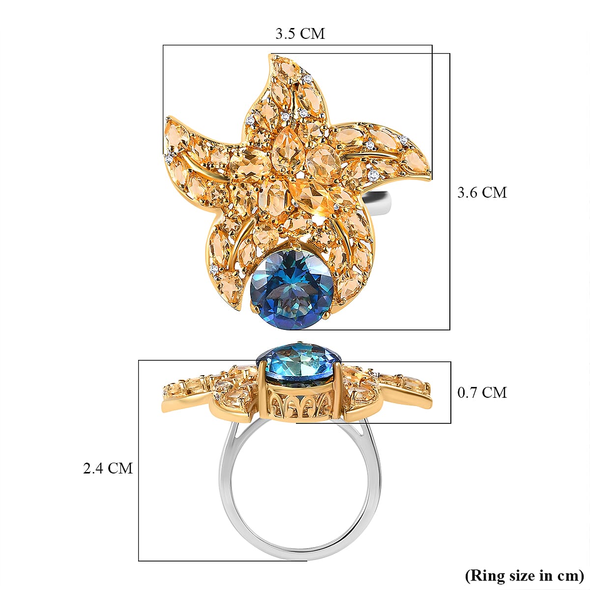 GP- Sea life Collection - Starfish Mystic Quartz, Citrine and Natural Zircon Ring in 18K Yellow Gold Vermeil & Platinum Plated Sterling Silver 8.60 Ct