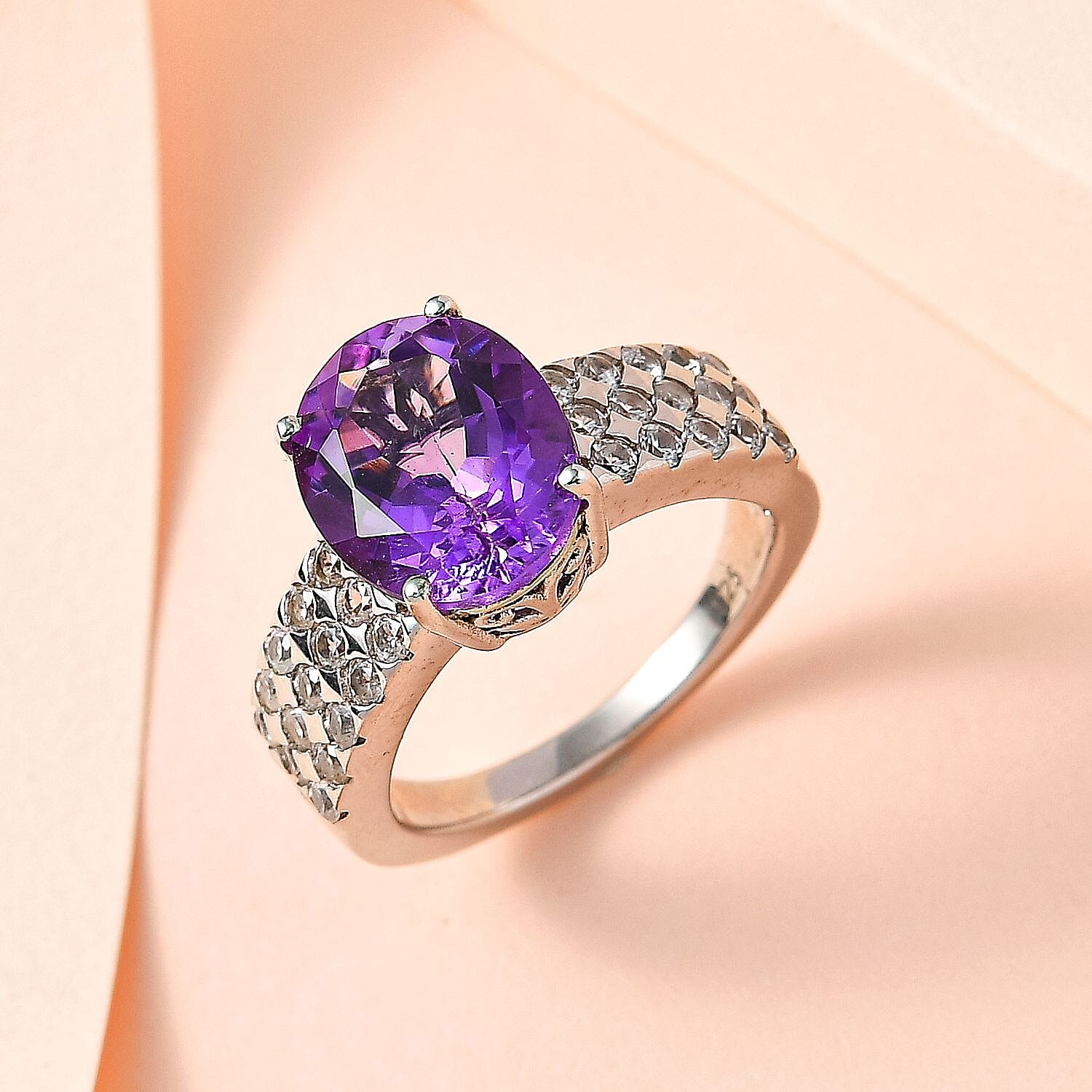 Moroccan Amethyst and Natural Zircon Ring in Platinum Overlay Sterling Silver 4.35 Ct