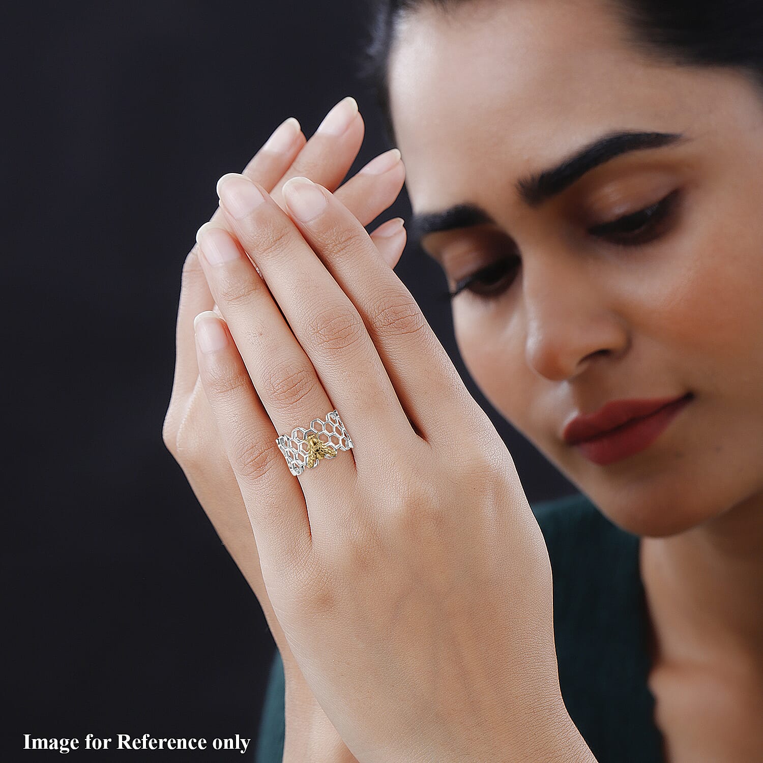 Bee with Honey Comb Ring in Two Tone Plated Sterling Silver