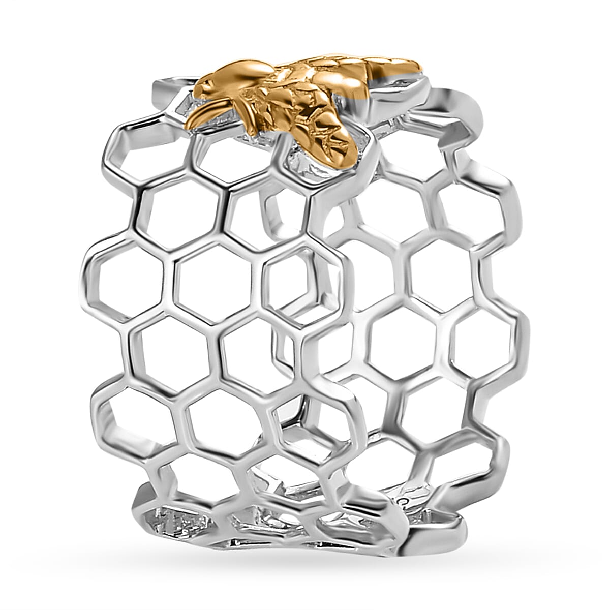 Bee with Honey Comb Ring in Two Tone Plated Sterling Silver