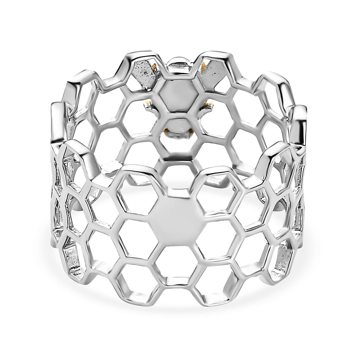 Bee with Honey Comb Ring in Two Tone Plated Sterling Silver