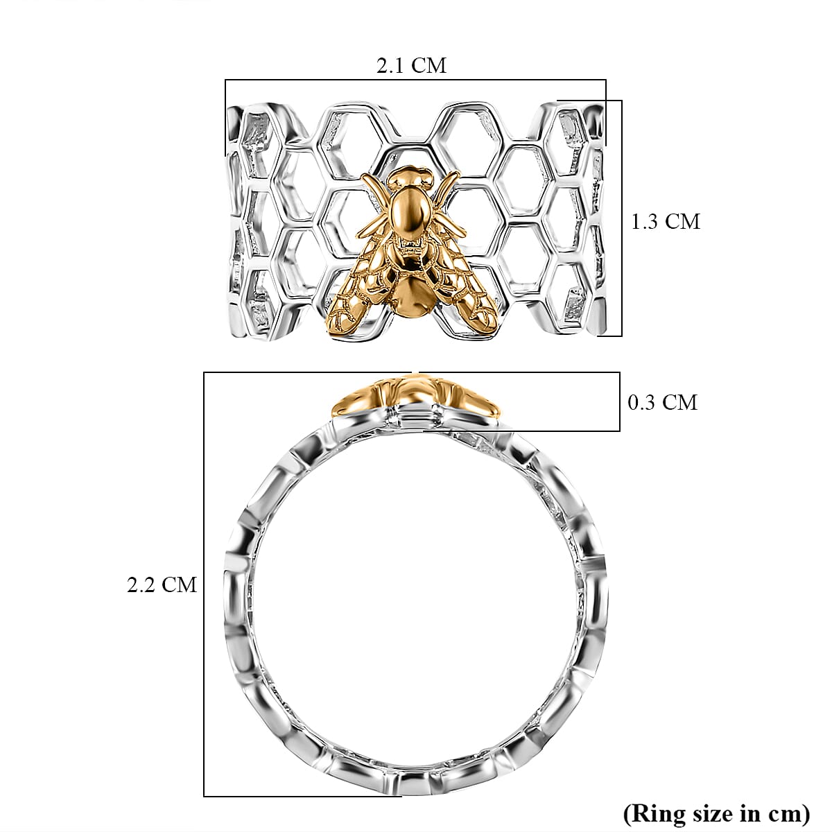 Bee with Honey Comb Ring in Two Tone Plated Sterling Silver