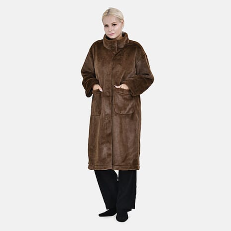 Faux Fur Collared Relaxed Longline Coat (Size S) - Brown