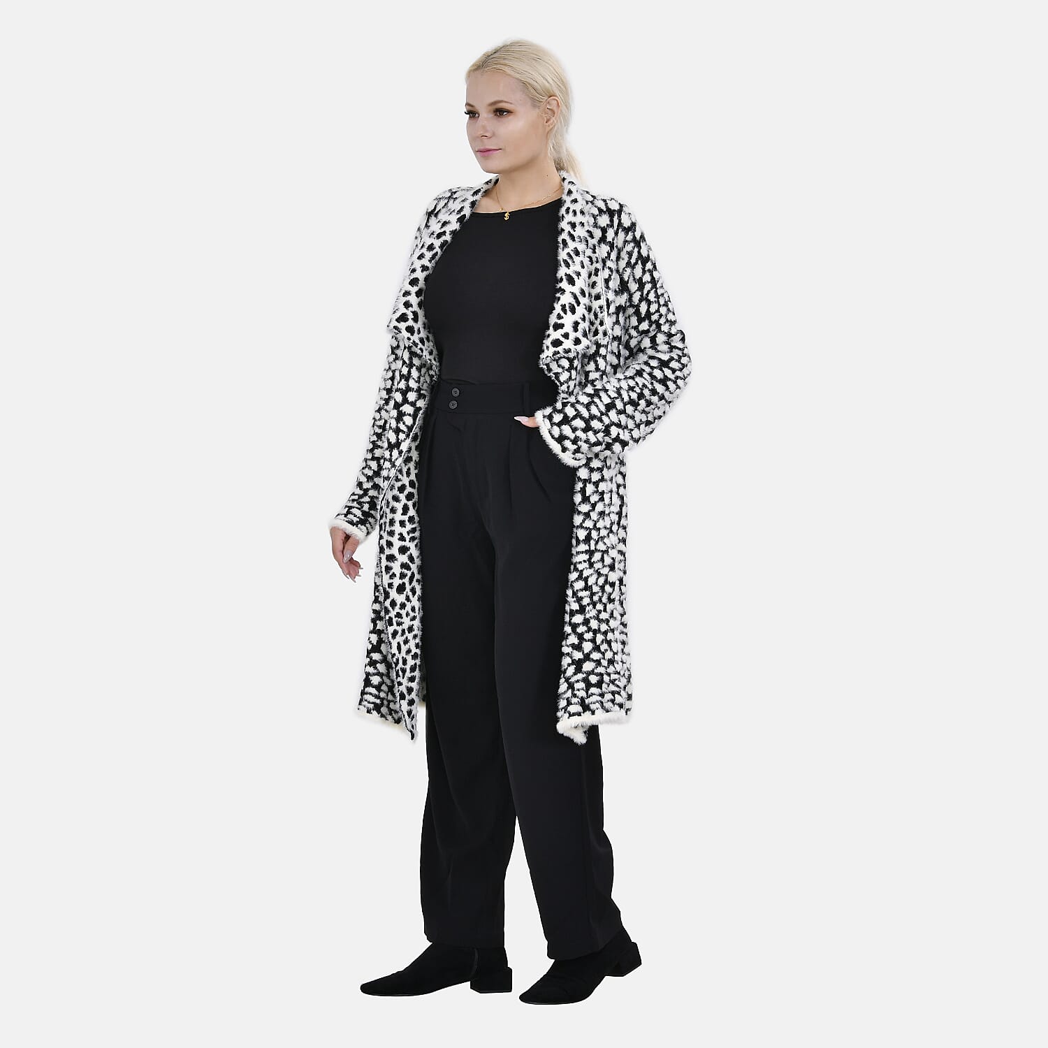 Leopard Pattern Long knitted Coatigan (Size 8 to 20) - Black and White