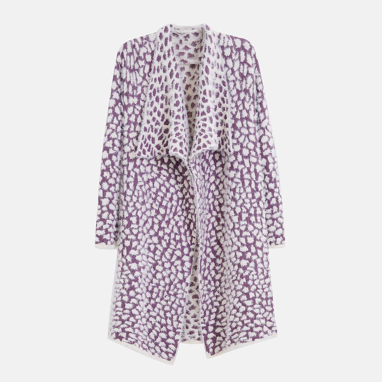 Leopard Pattern Long knitted Coatigan (Size 8 to 20) - Purple - White