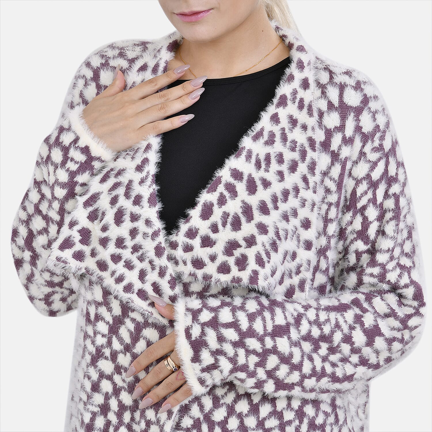 Leopard Pattern Long knitted Coatigan (Size 8 to 20) - Purple - White