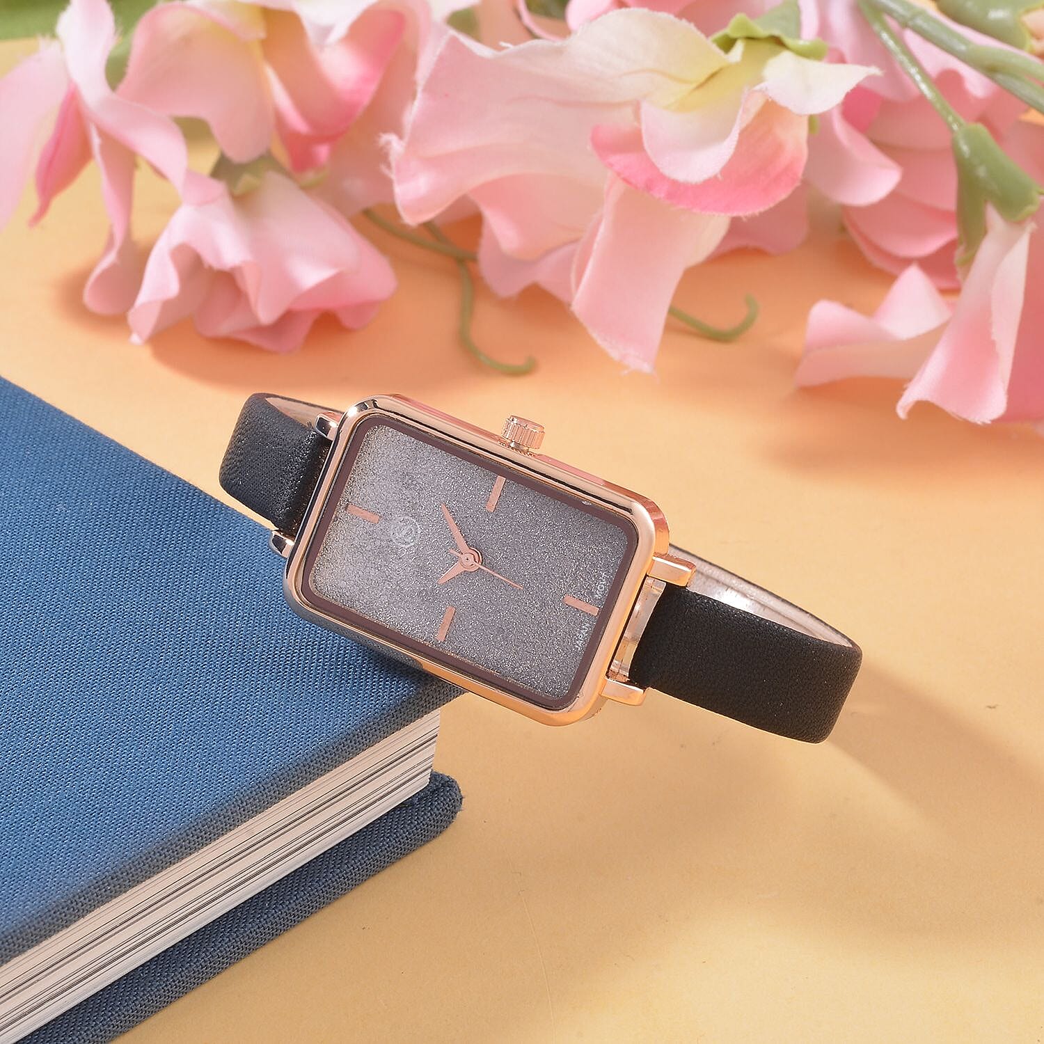 STRADA Japanese Movement Black Stardust Dial Water Resistant Ladies Watch With Black Leatherette Strap