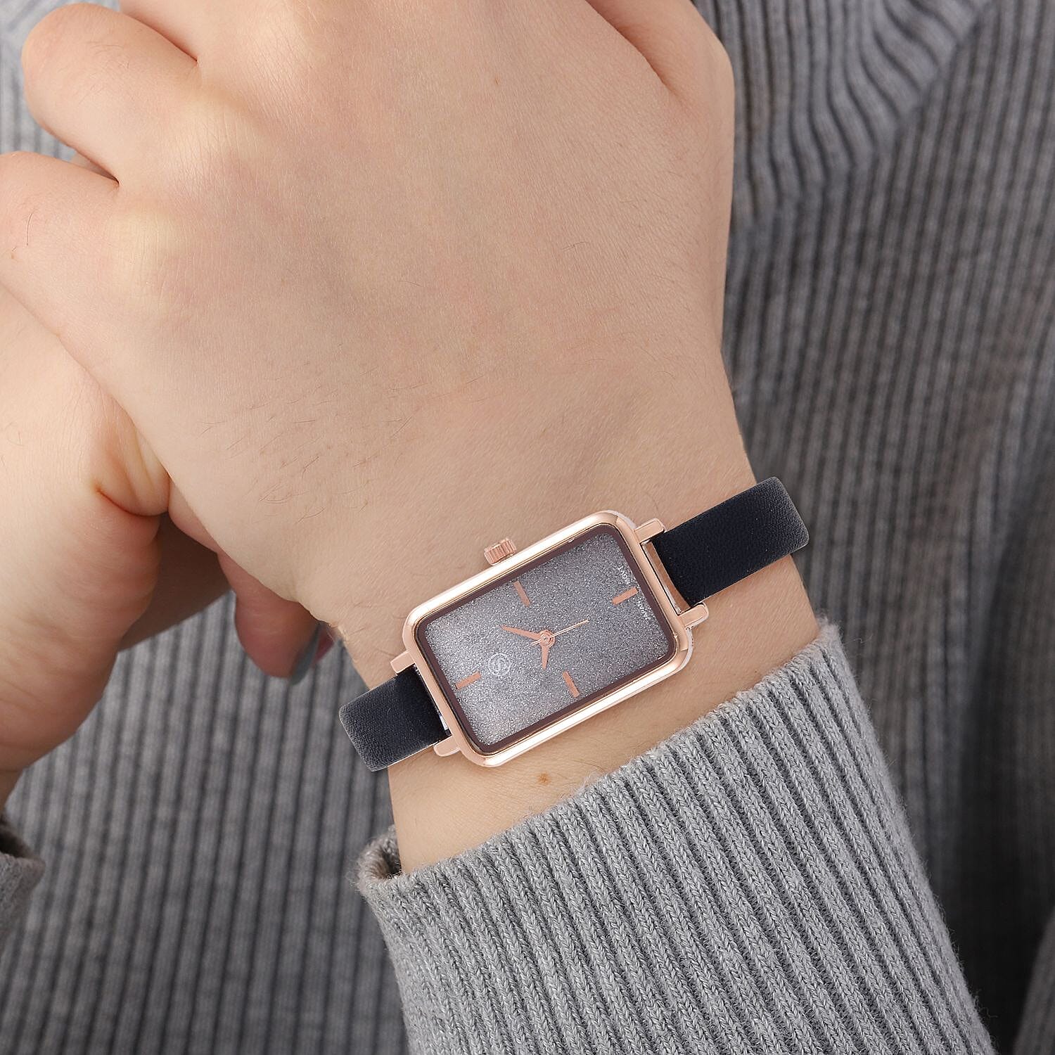 STRADA Japanese Movement Black Stardust Dial Water Resistant Ladies Watch With Black Leatherette Strap