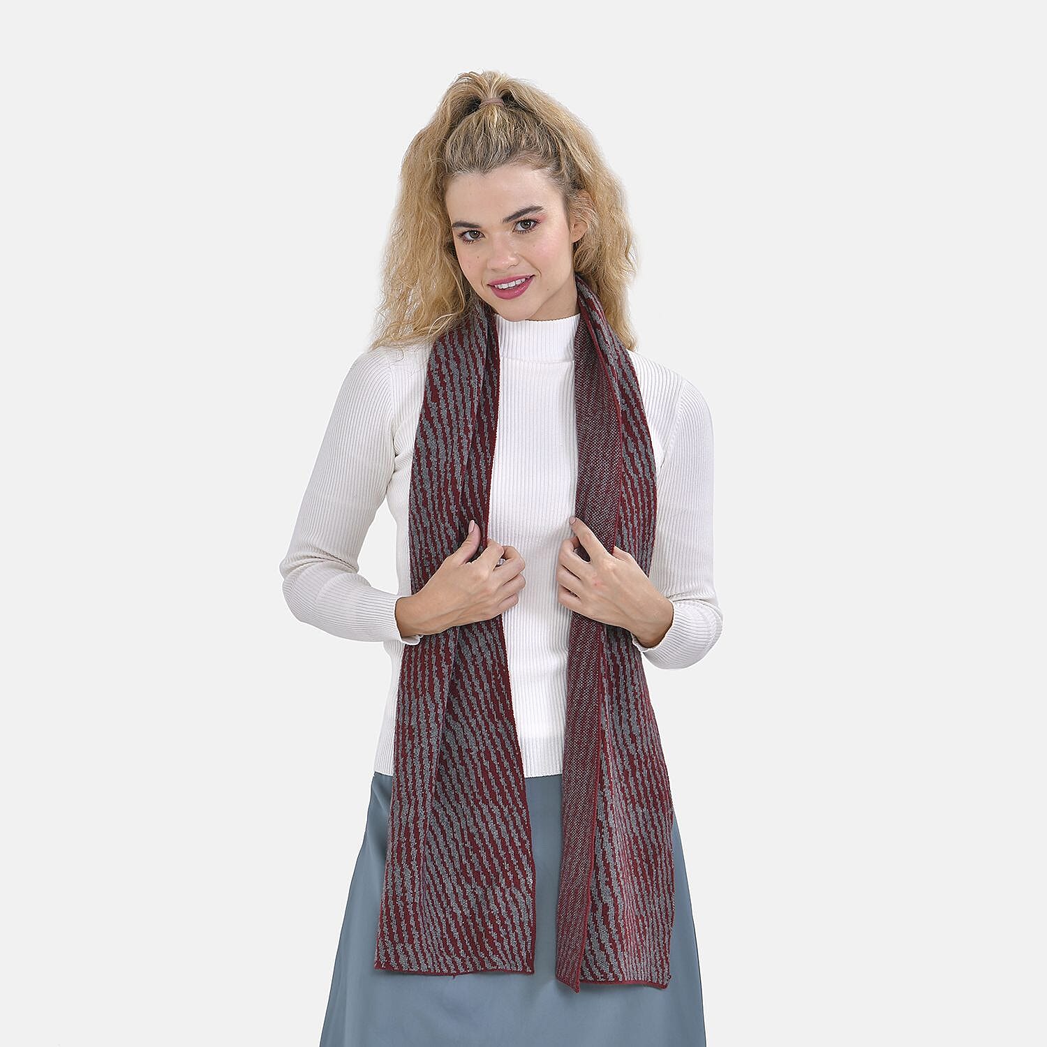 Closeout Deal - Stylish Knitted Scarf (One Size, 172x31 cm) - Burgundy & Light Grey