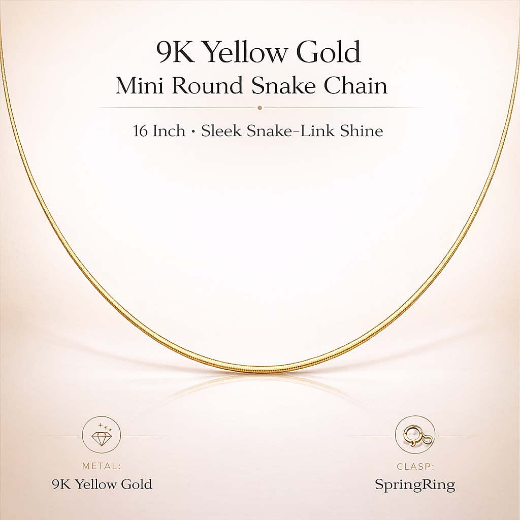 9K Yellow Gold Mini Round Snake Chain With Spring Ring Clasp (Size - 16)
