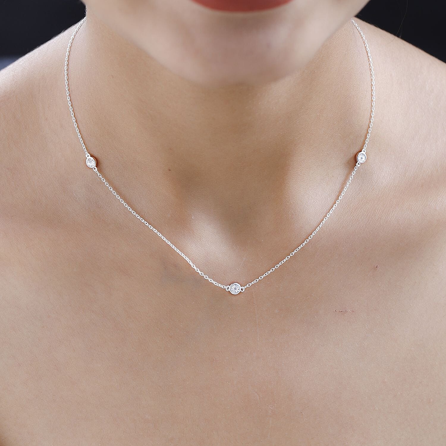 One Time Deal-Diamond Station Necklace (Size - 18) in Sterling Silver