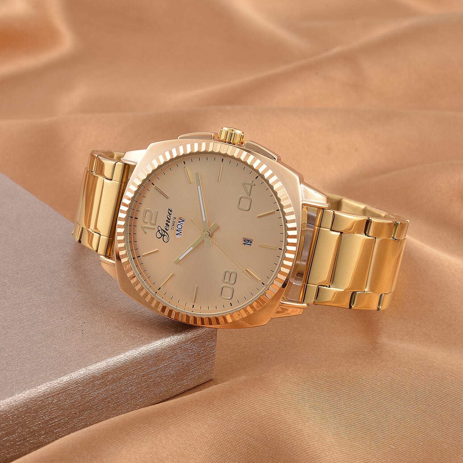 GENOA TIME V2 Double Calender Quartz Movement Gold Sunshine Dial 3 ATM Water Resistant Watch With Stainless Steel Chain Strap