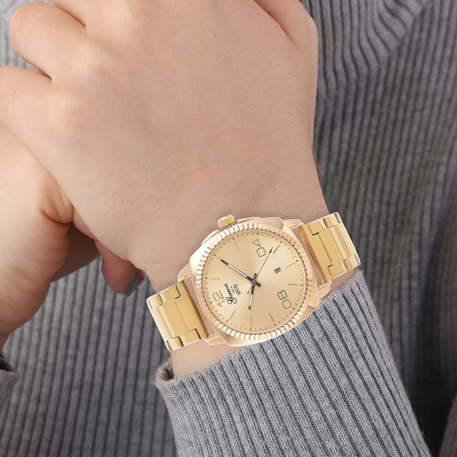 GENOA TIME V2 Double Calender Quartz Movement Gold Sunshine Dial 3 ATM Water Resistant Watch With Stainless Steel Chain Strap