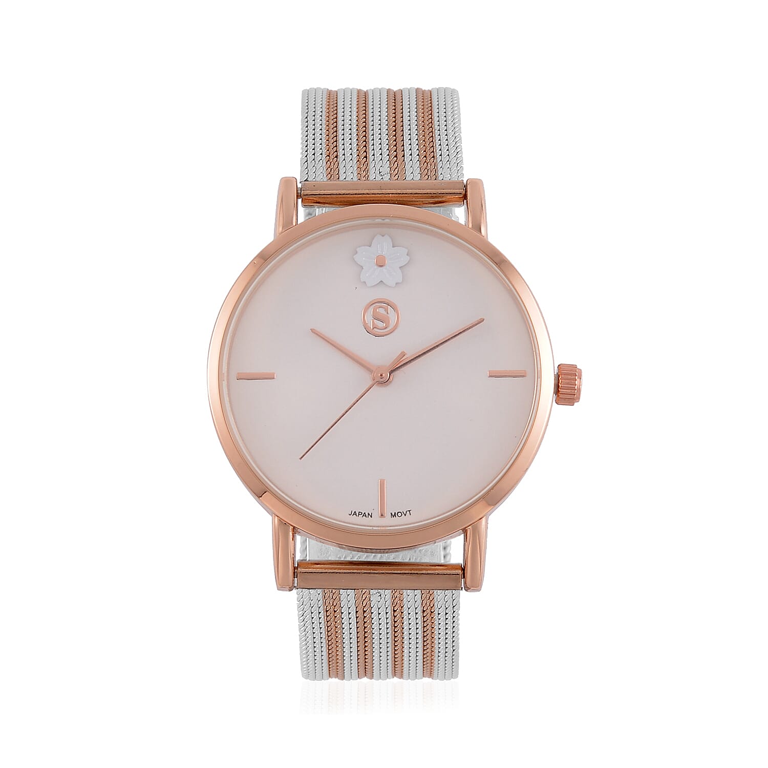 STRADA Japanese Movement Floral Pattern Water Resistant Watch With Rose Gold - White Stainless Steel Mesh Strap