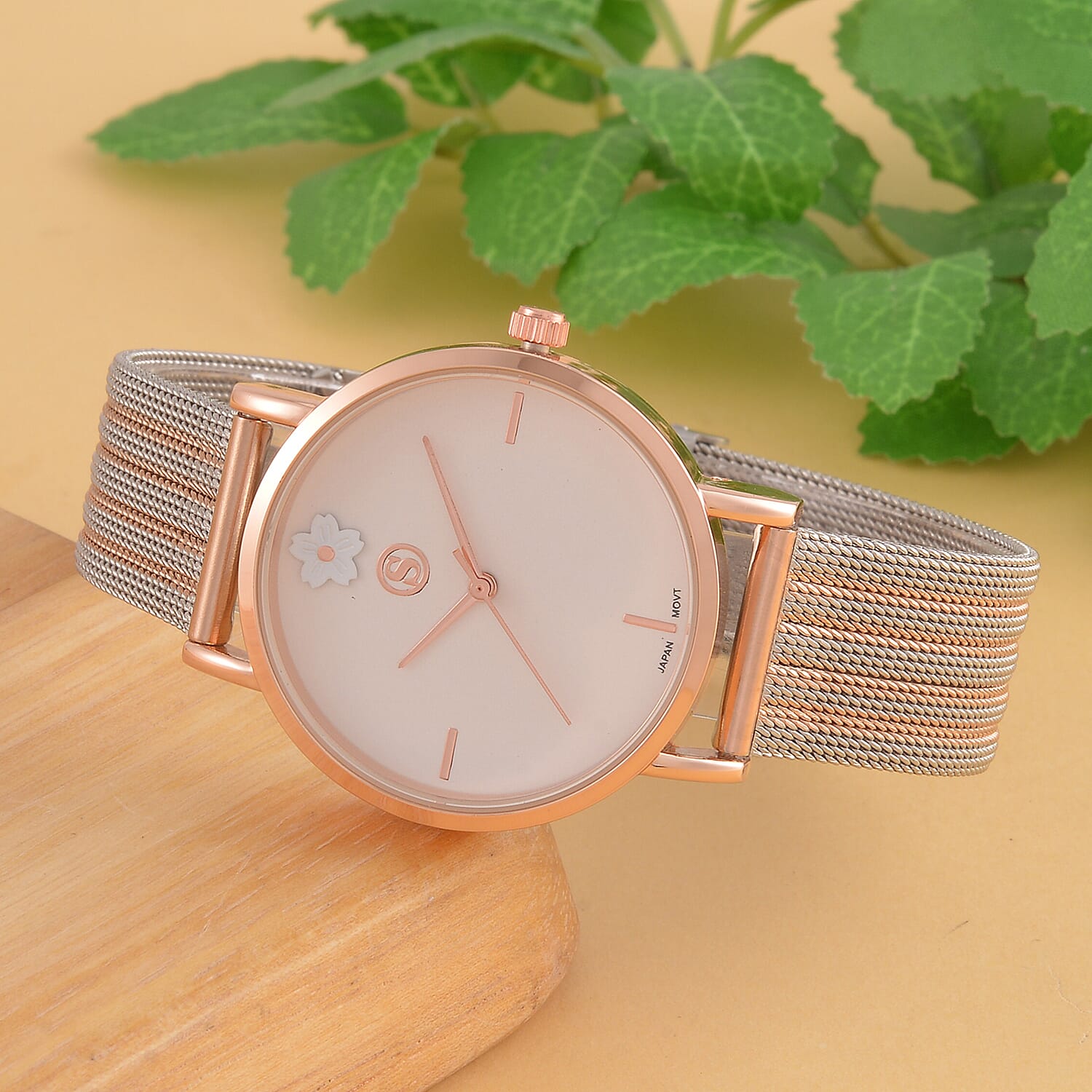 STRADA Japanese Movement Floral Pattern Water Resistant Watch With Rose Gold - White Stainless Steel Mesh Strap