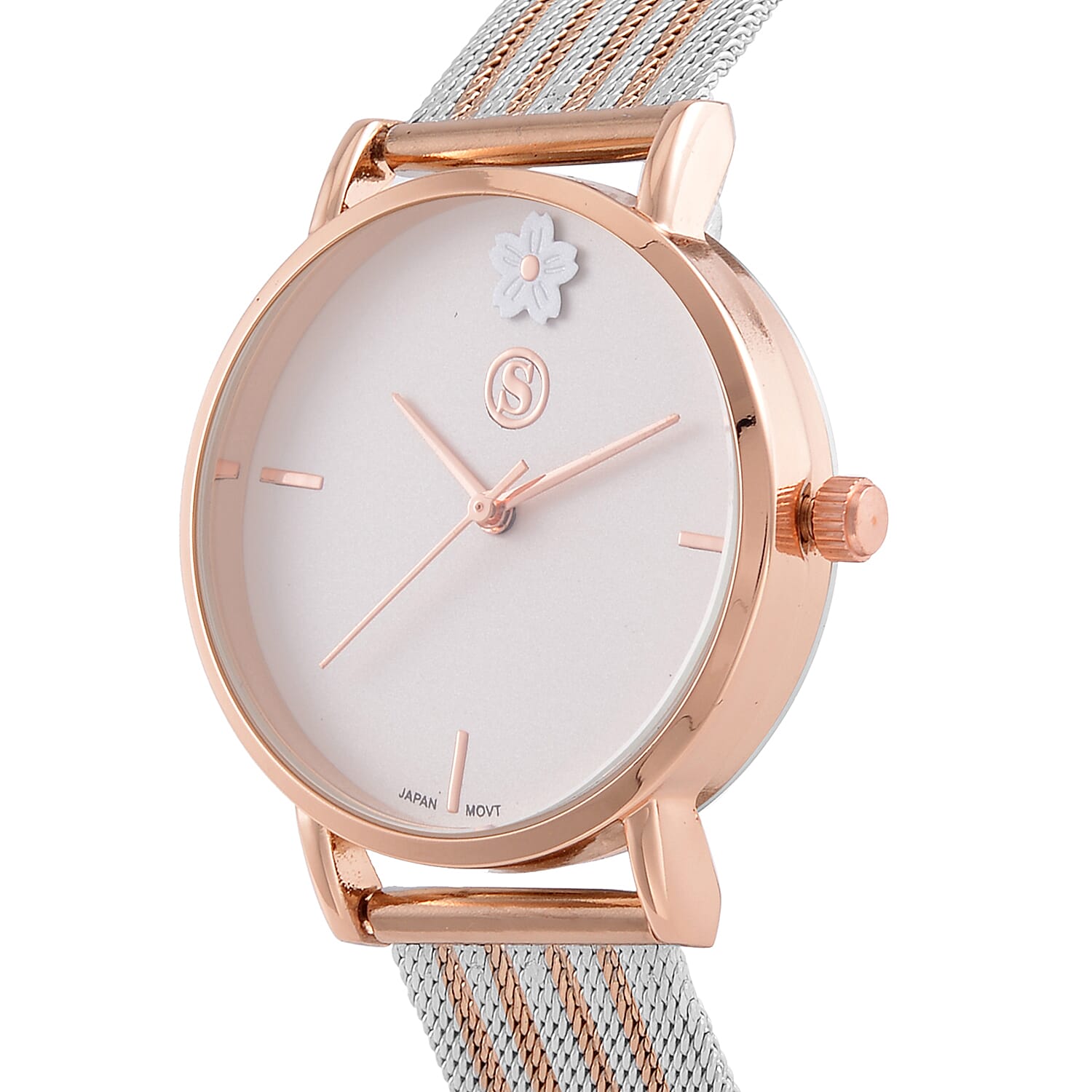 STRADA Japanese Movement Floral Pattern Water Resistant Watch With Rose Gold - White Stainless Steel Mesh Strap