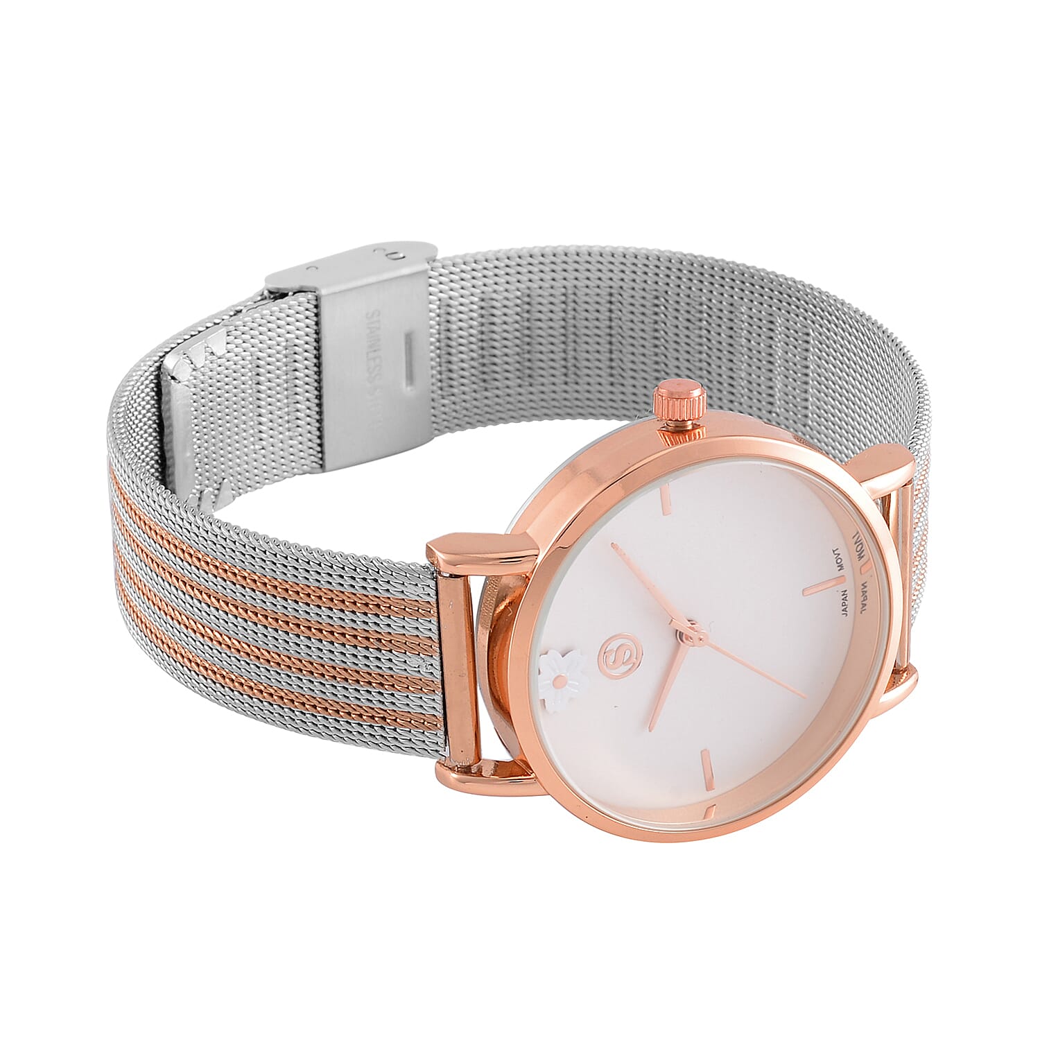 STRADA Japanese Movement Floral Pattern Water Resistant Watch With Rose Gold - White Stainless Steel Mesh Strap