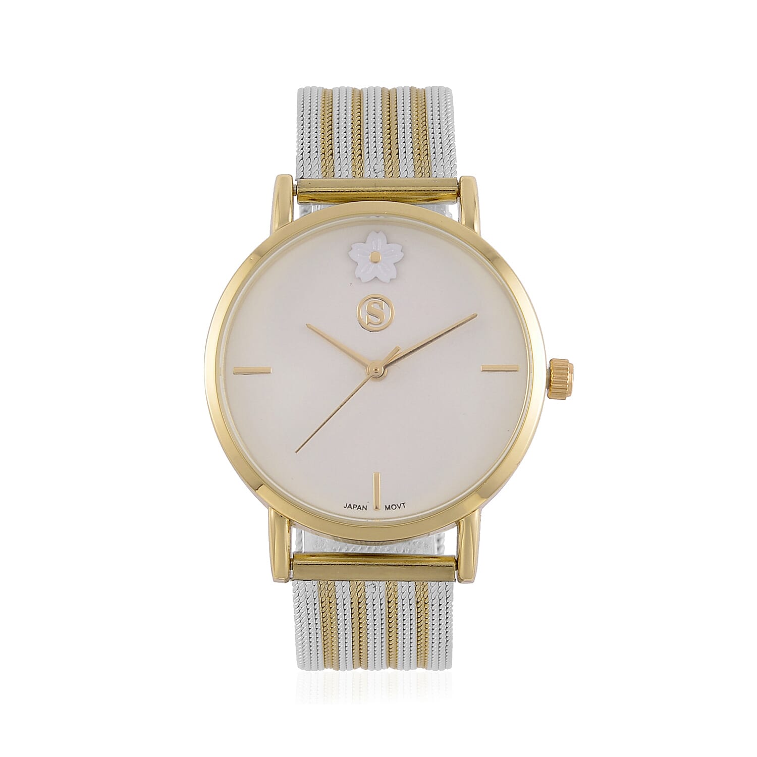 STRADA Japanese Movement Floral Pattern Water Resistant Watch With Gold - White Stainless Steel Mesh Strap