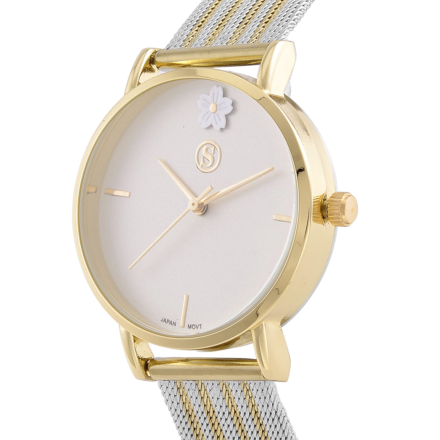 STRADA Japanese Movement Floral Pattern Water Resistant Watch With Gold - White Stainless Steel Mesh Strap