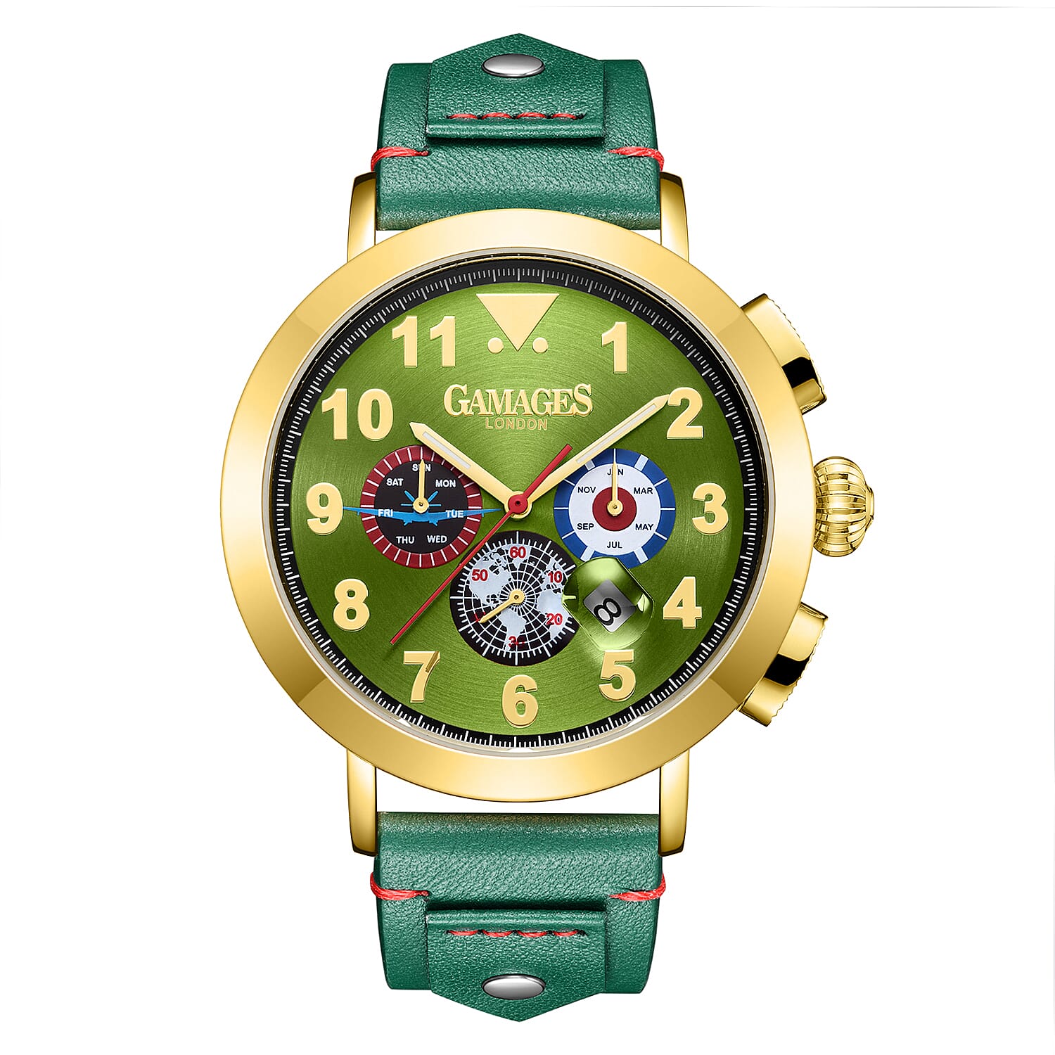 The Gamages Of London PRECISION Hand Assembled Automatic Movement Olive Dial 3 ATM Water Resistant Watch with Green Leather Bracelet