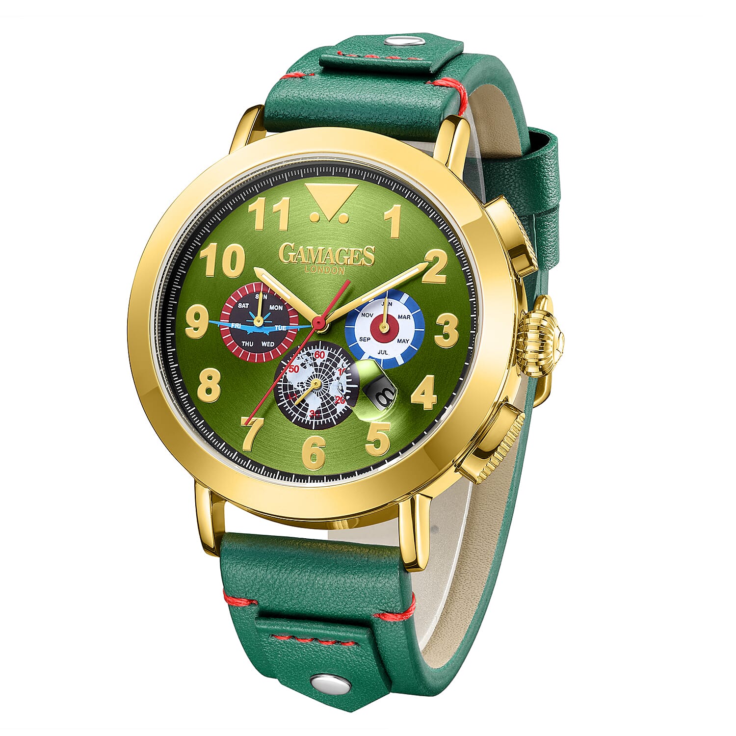 The Gamages Of London PRECISION Hand Assembled Automatic Movement Olive Dial 3 ATM Water Resistant Watch with Green Leather Bracelet