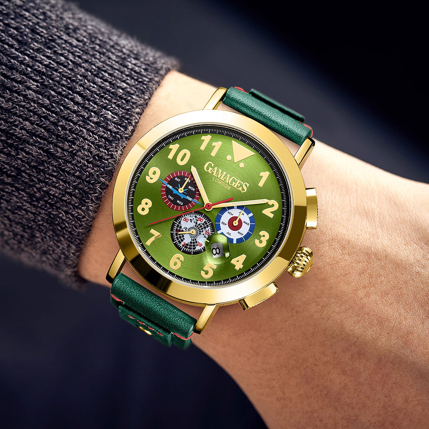 The Gamages Of London PRECISION Hand Assembled Automatic Movement Olive Dial 3 ATM Water Resistant Watch with Green Leather Bracelet